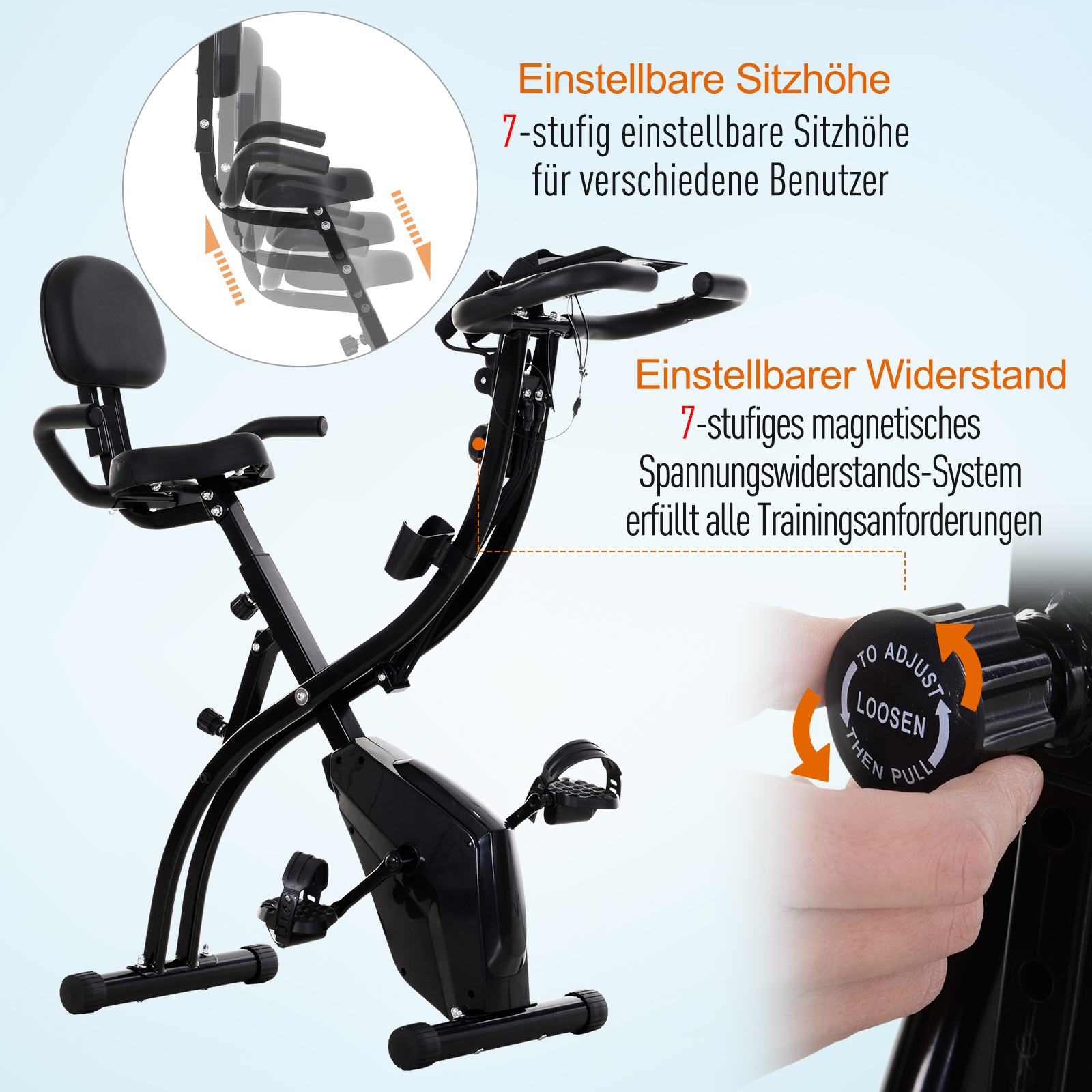 Heimtrainer X-Bike 2-in-1 Fahrradtrainer mit LCD-Display,Pulsmesser, klappbarer Hometrainer Trimmrad mit 8 stufig Magnetwiderstand, 1 Paar Spannseil, Stahl Schwarz 105x48x118 cm