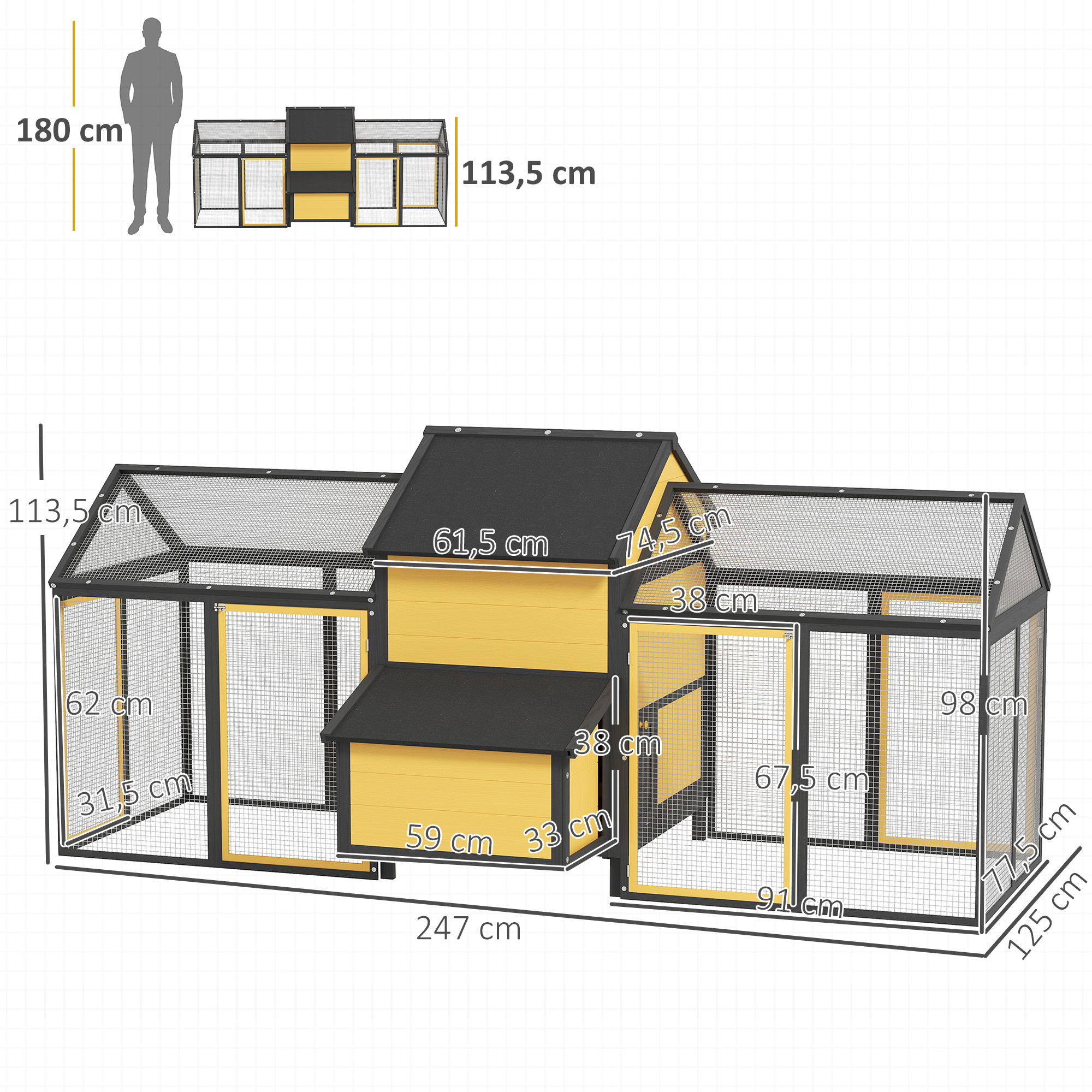 Hühnerstall Kleintierstall 2 Außengehege, 1 Nistkasten, 2 Rampen,Asphaltdach, wetterbeständig, Gelb