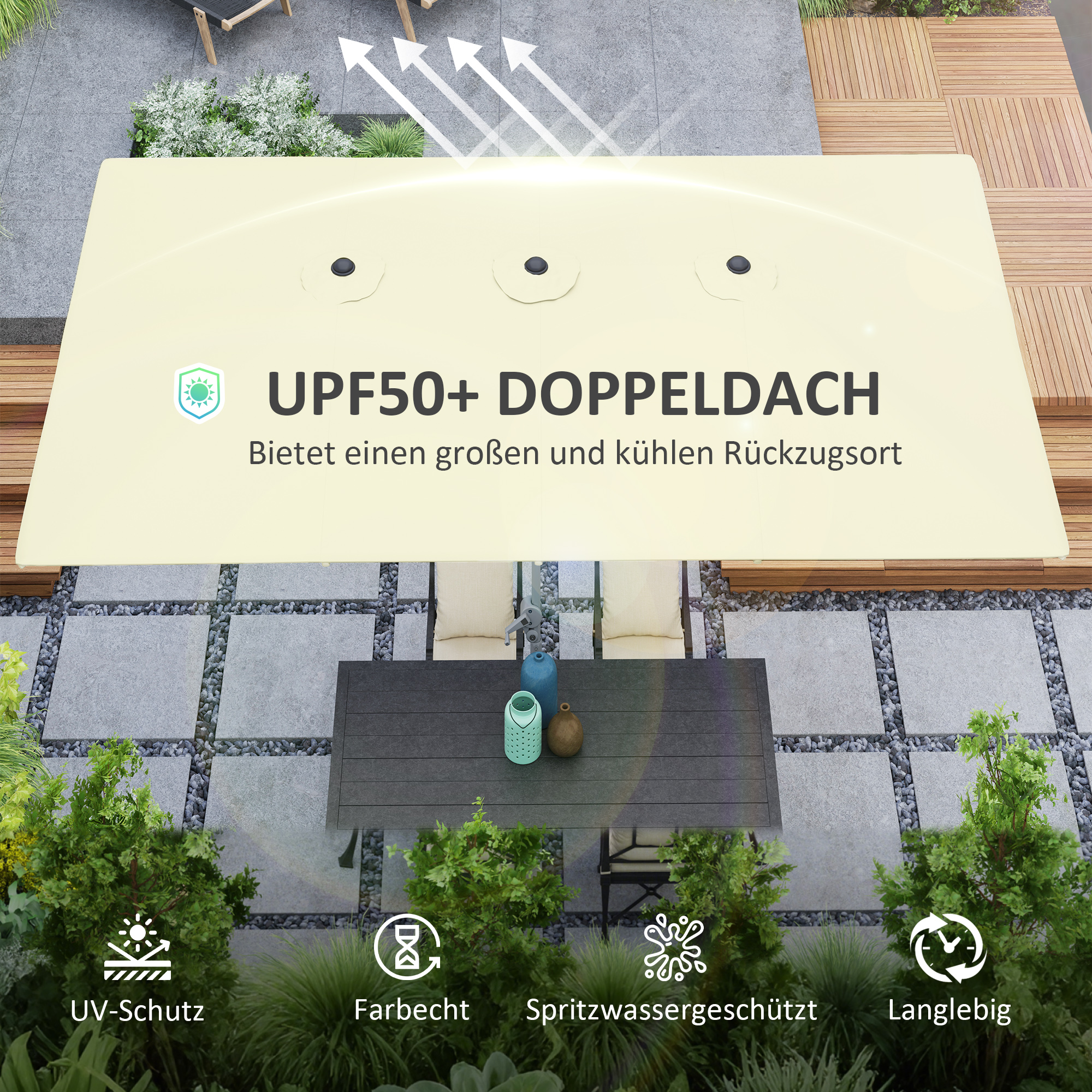 Doppelseitiger Schirm, 451 x 264 cm Sonnenschirm mit Kurbelsystem, 12 Metallstreben, Aluminiummast, Cremeweiß