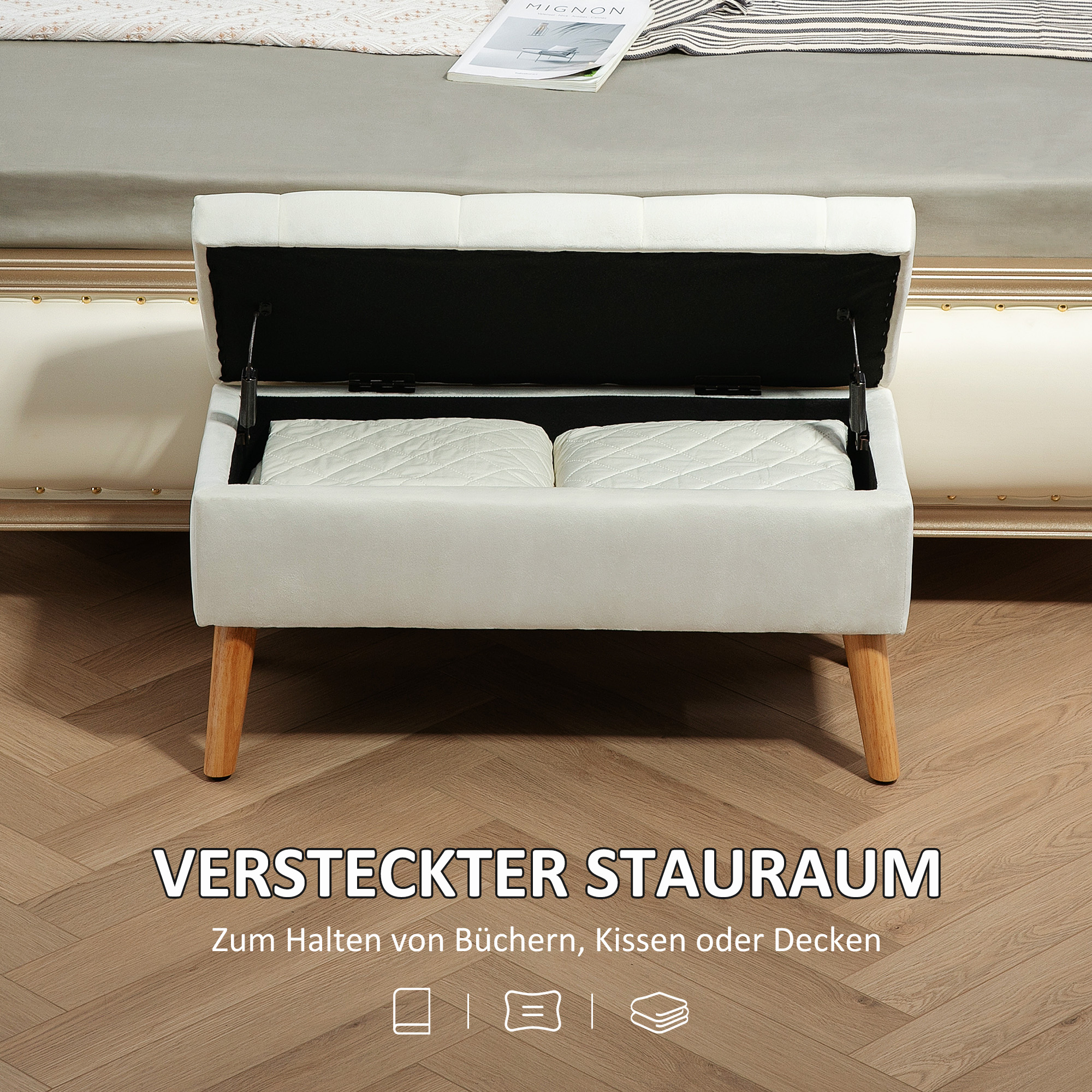 Polsterbank mit Stauraum, Stoffbezug in Samtoptik, Holzbeine, für Wohnzimmer, Schlafzimmer, Flur, 80 x 35 x 42 cm, Weiß