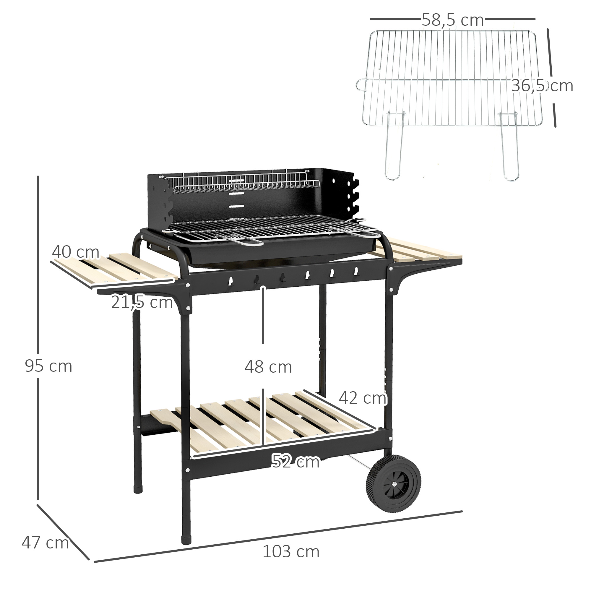 Holzkohlegrill aus Metall BBQ Smoker mit Räder, höheverstellbar Grillrost, Holzablage 103x47x95 cm Schwarz