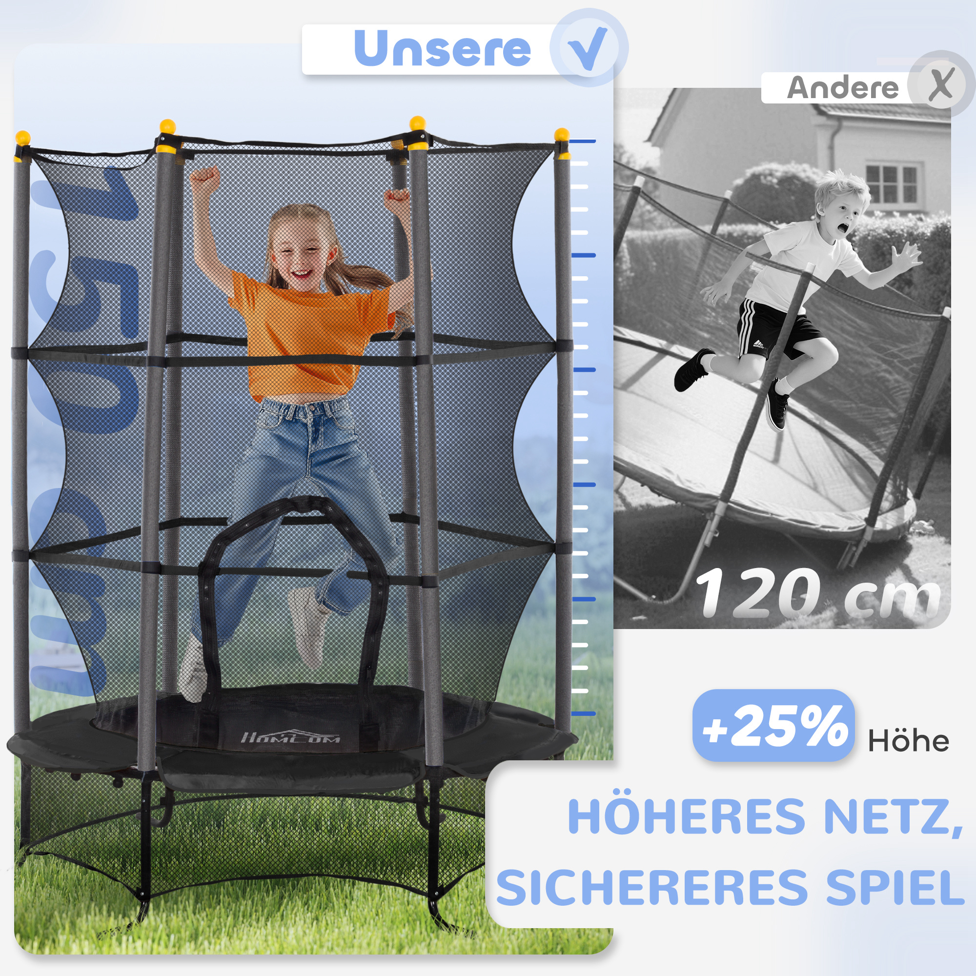 Trampolin für Kinder, Ø163 cm, mit Sicherheitsnetz, In- und Outdoor, Belastung bis 50 kg, Stahl, Kunststoff, Schwarz