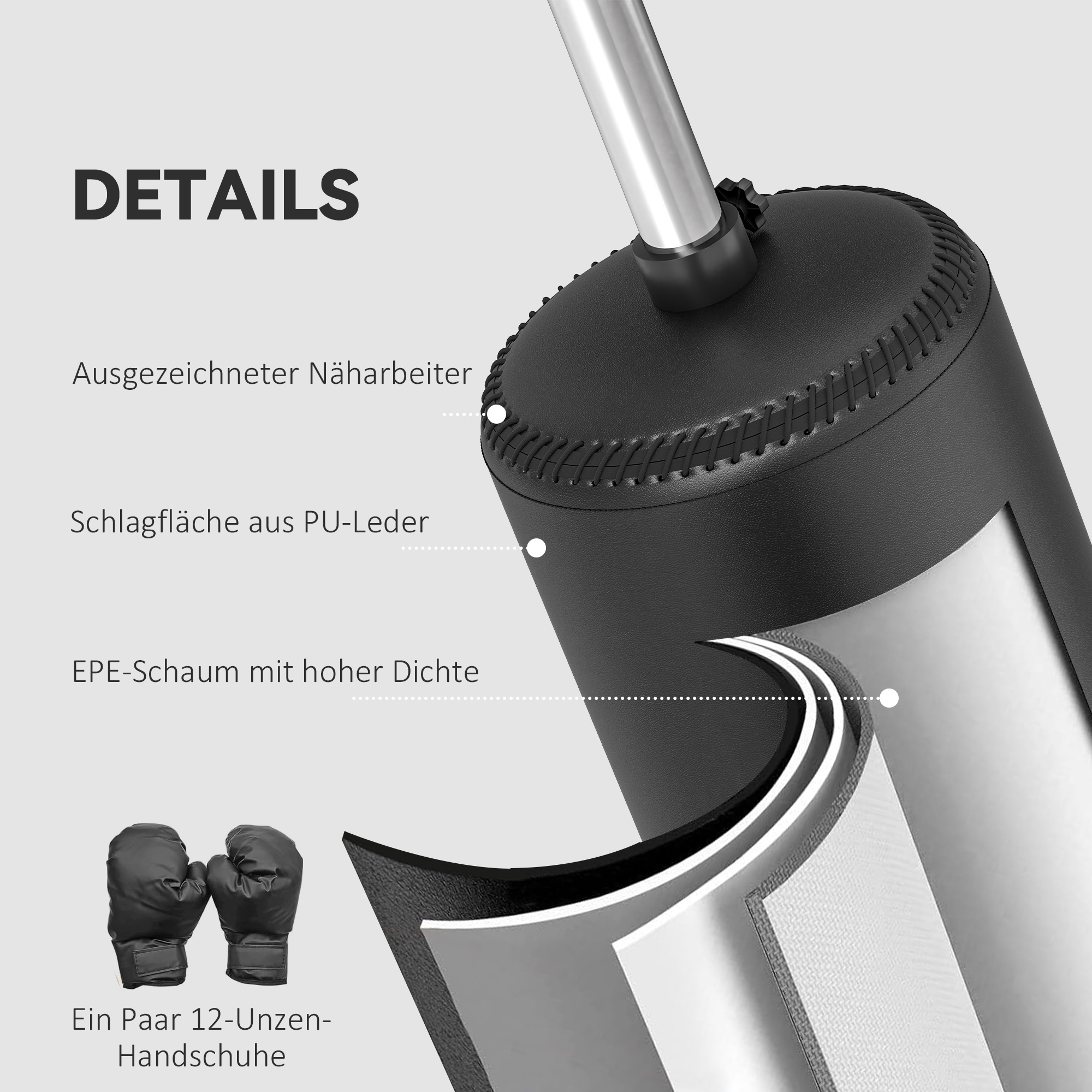 Boxsack Stehend mit Speedball, Reflexstange, Höhenverstellbar, für Erwachsene, 155-205cm, Schwarz