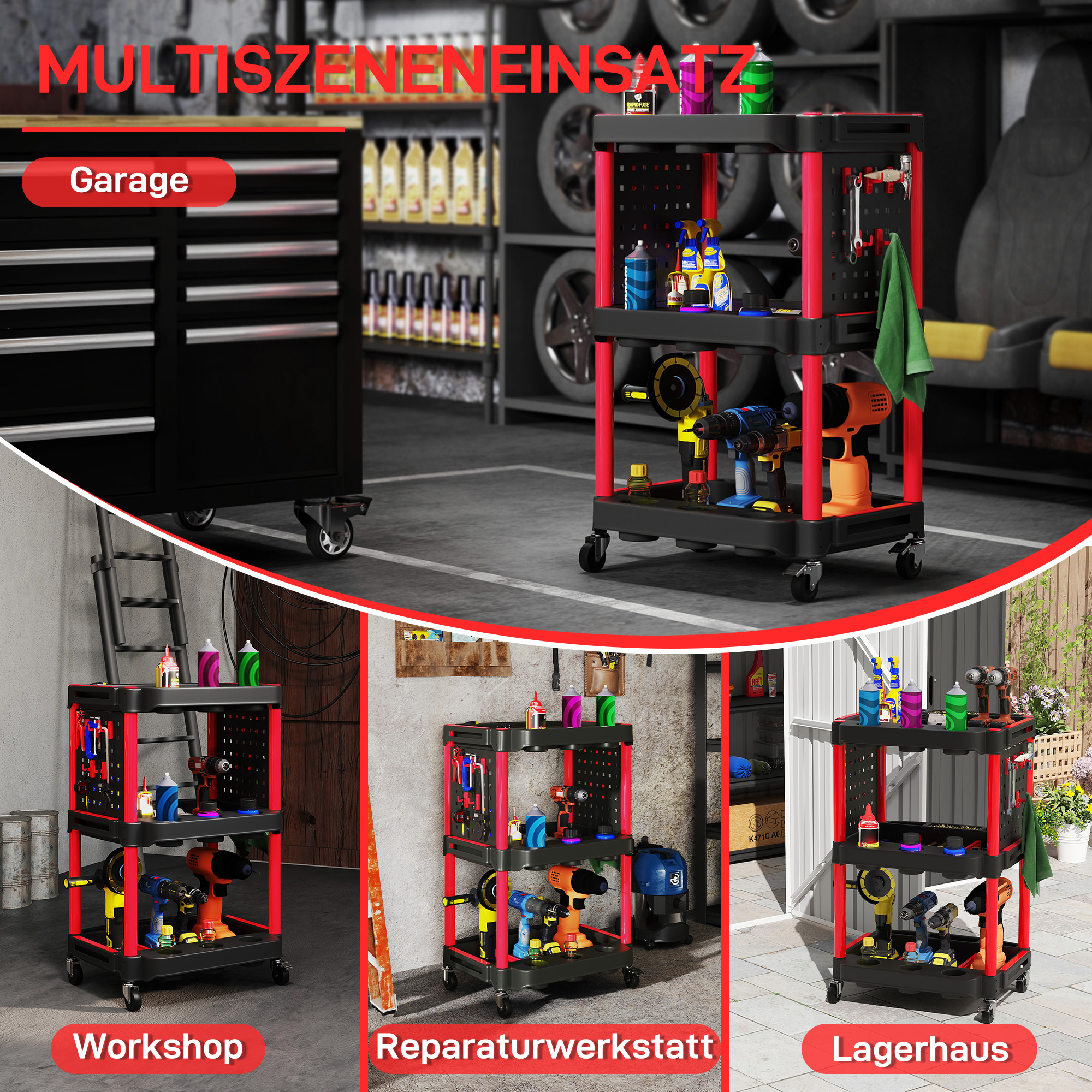 Werkzeugwagen, dreistufige Regale, 4 Räder, Kunststoff, 10 Haken, Rot