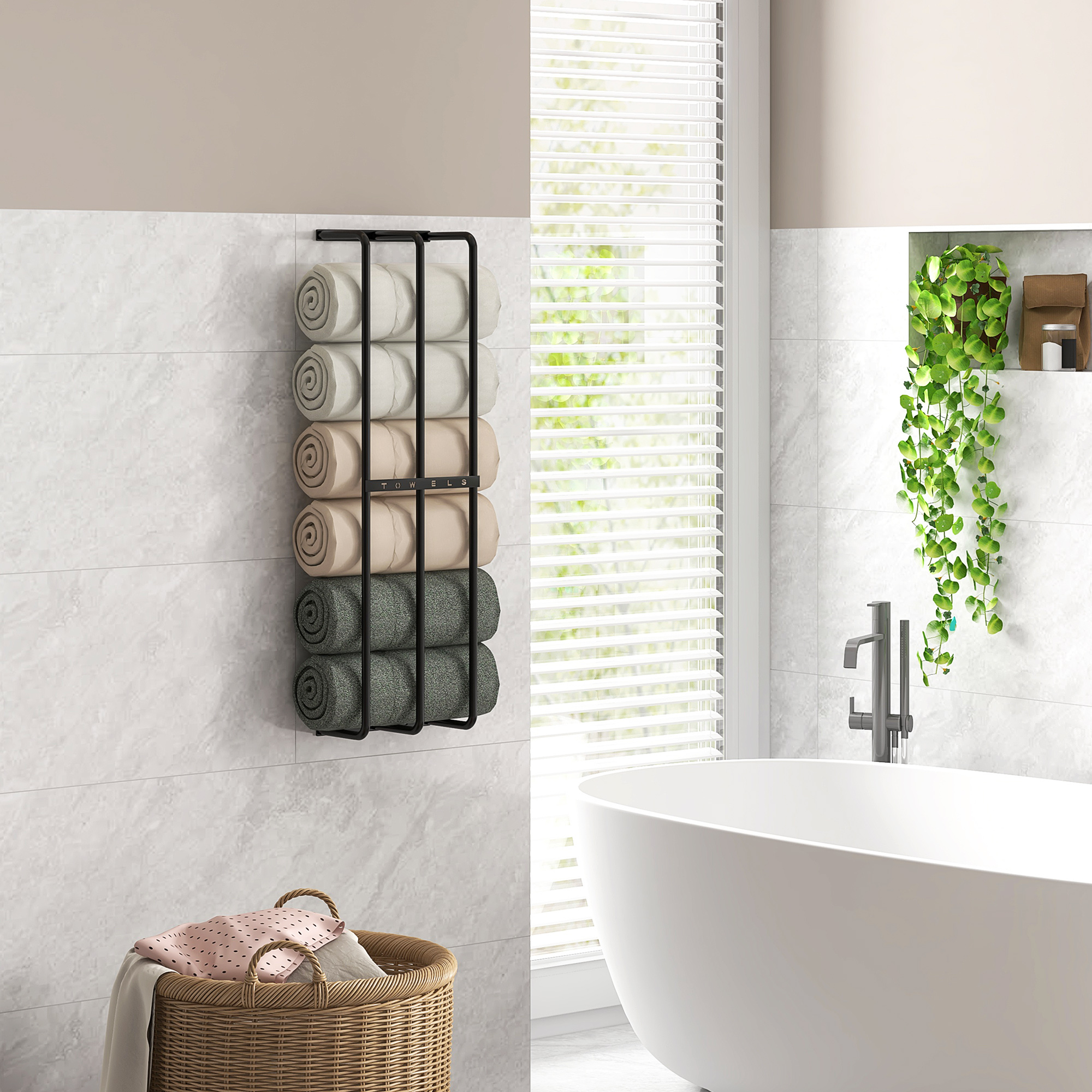 Handtuchhalter, Wandhalterung f, 6 große Handtücher, Metall, 21x12x74cm, Schwarz