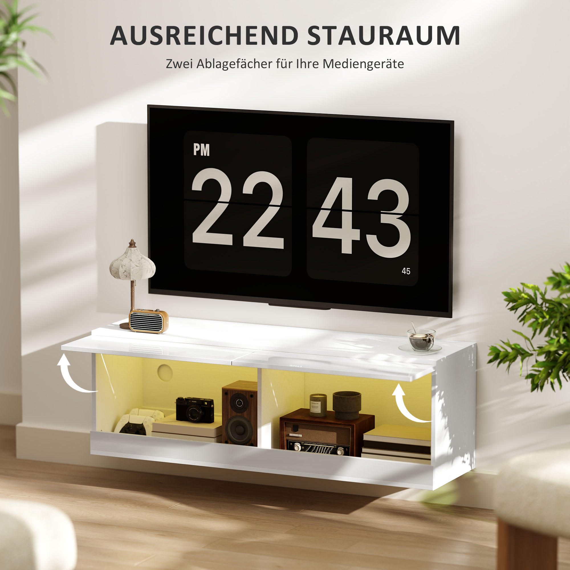 TV-Hängeschrank mit LED-Beleuchtung, 16 Blinkmodi, Wandmontierter TV-Schrank, Offene Regale, 120 x 35 x 40,5 cm, Weiß