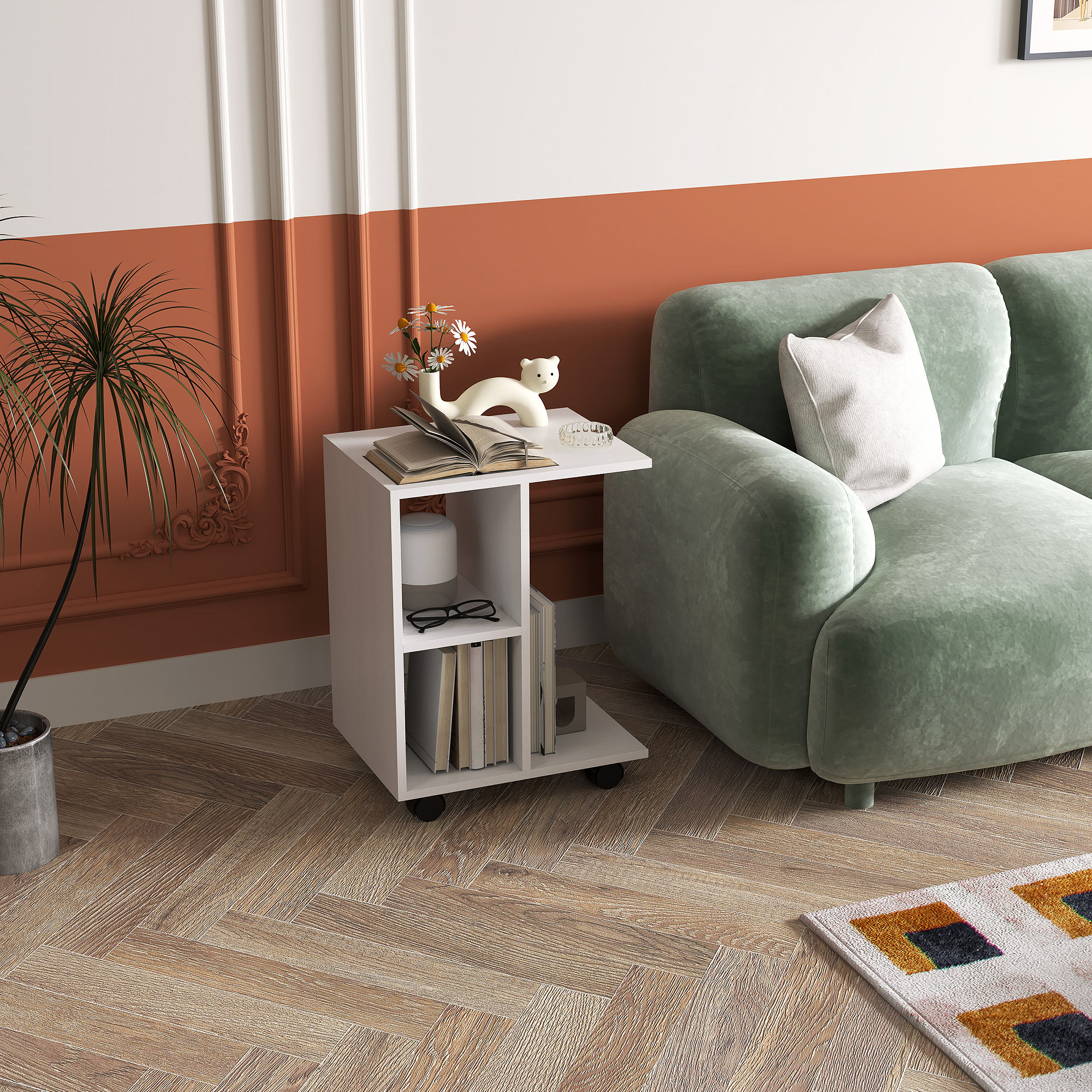 Beistelltisch in C-Form, Kaffeetisch, Couchtisch, Eckschreibtisch, mit Rollen, E1-Spanplatte, 45 x 35 x 58 cm, Weiß