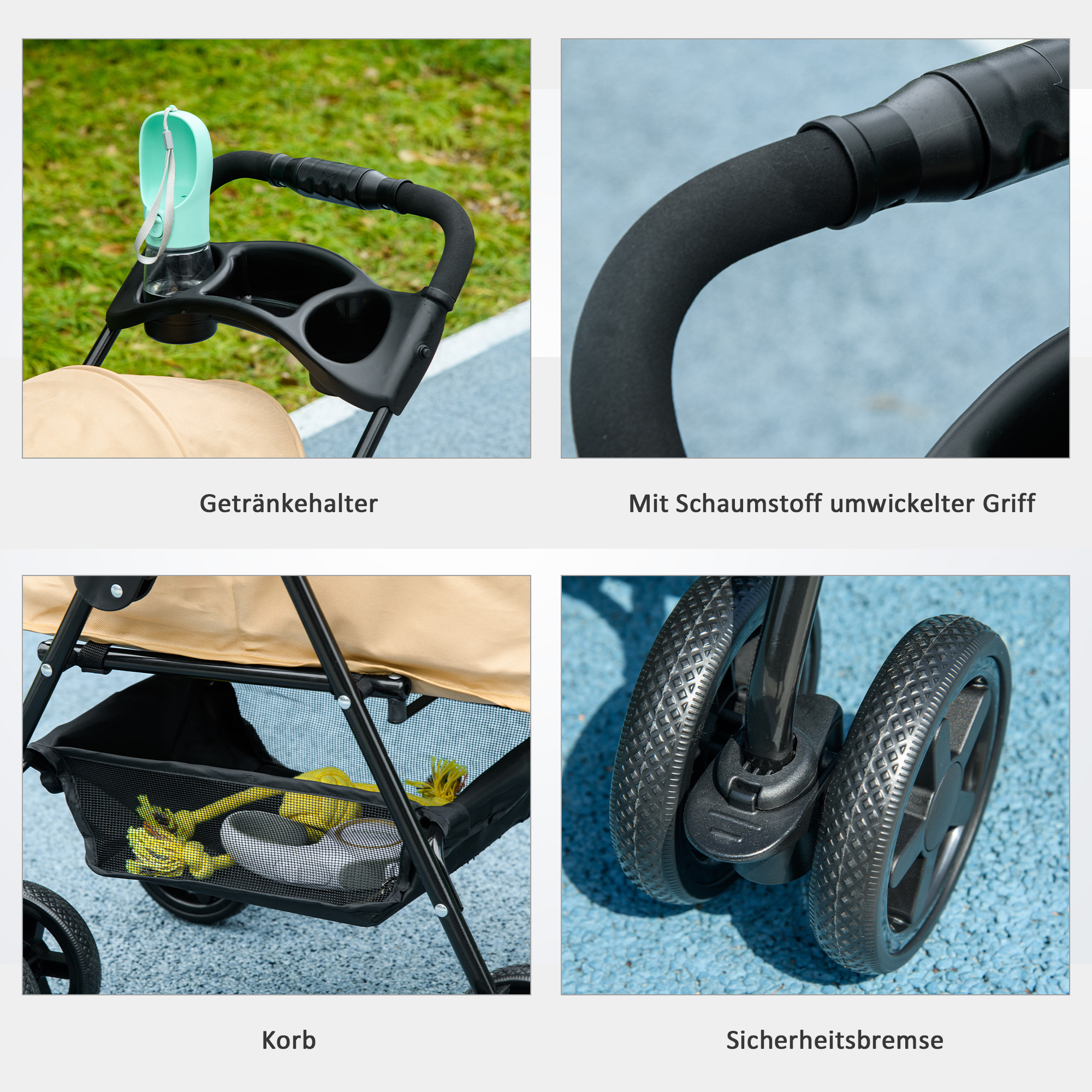 Hundewagen Hundebuggy, klappbar, 2 Sicherheitsleinen, 2 Becherhalter,  67 x 45 x 96 cm, Khaki