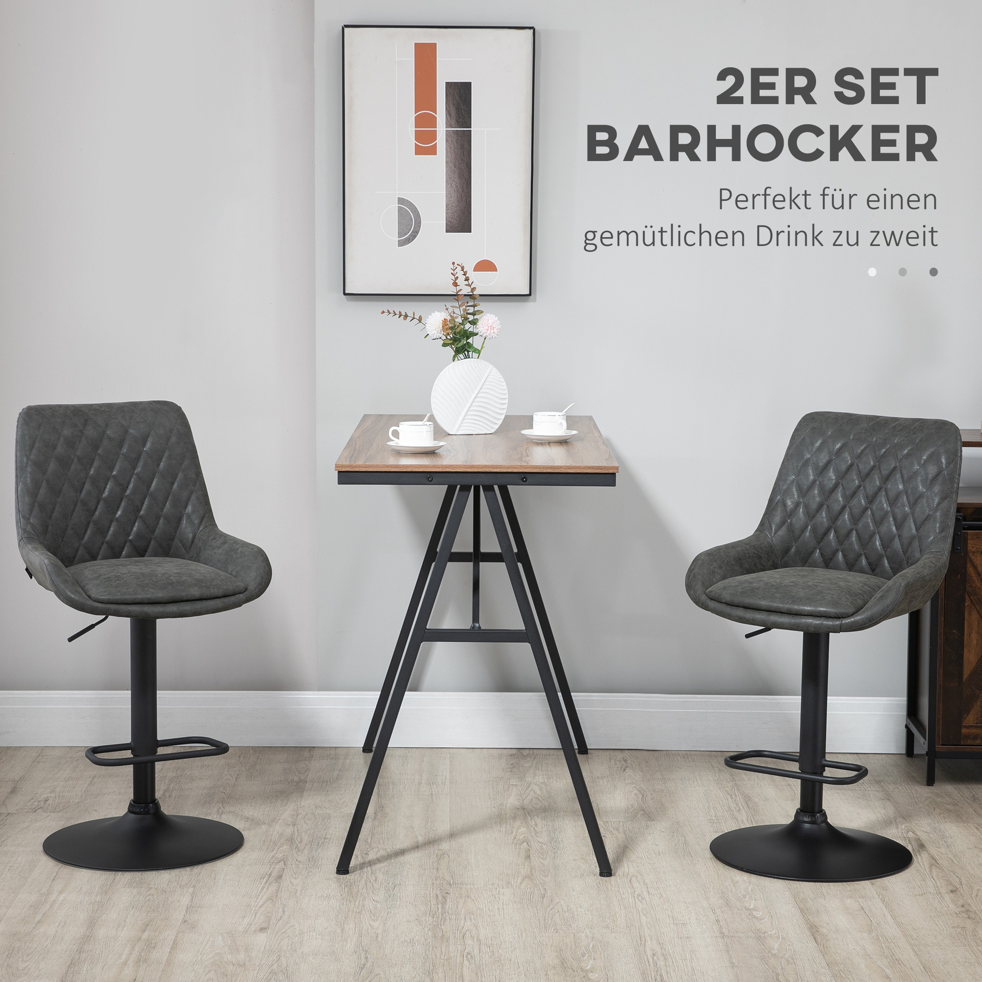 Barhocker Küchenhocker Designhocker, höhenverstellbar, mit Fußstütze, 51 cm x 59 cm x 117 cm, Dunkelgrau + Schwarz