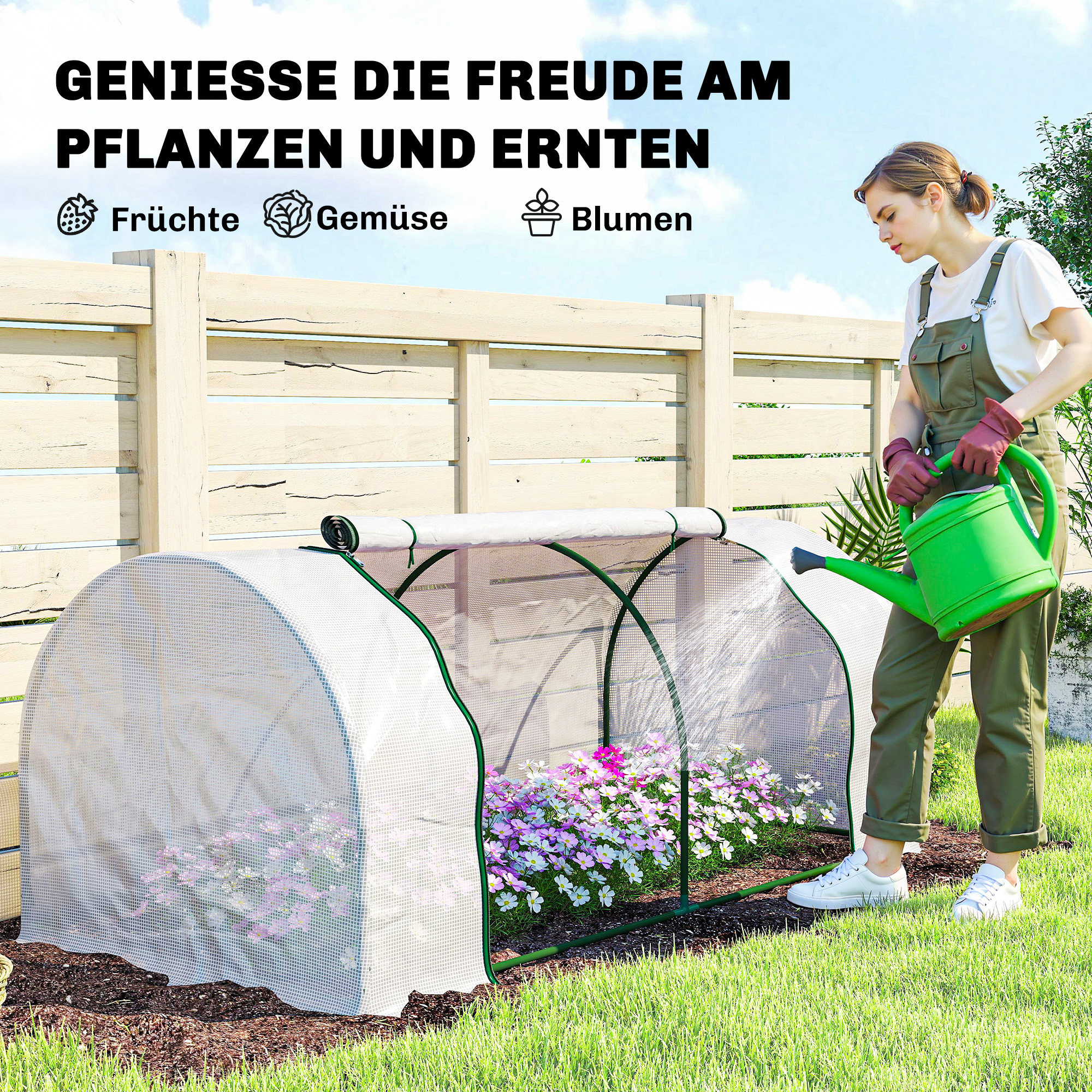 Gewächshaus mit PE-Gitterfolie, winterfest Foliengewächshaus aus Stahl, Treibhaus 200 x 100 x 80 cm Weiß