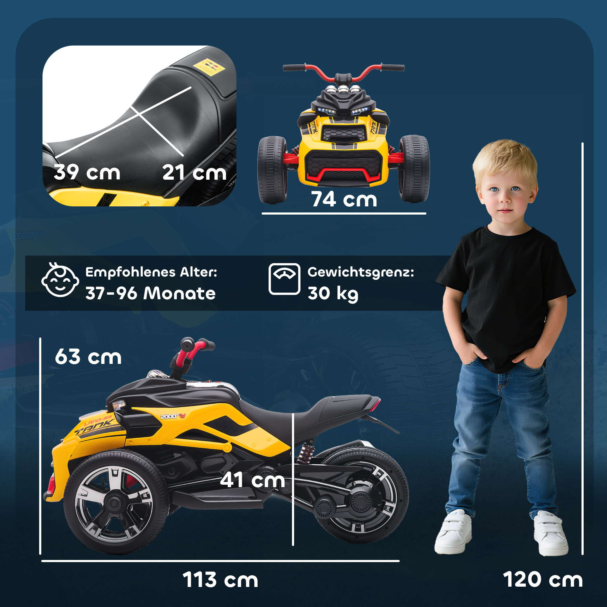 Elektrisches Kinderfahrzeug, Reverse-Dreirad-Design, Batteriebetrieb, MP3-Player, Hupe, 2 Geschwindigkeiten, LED-Lichter, 3-8 Jahre, Gelb