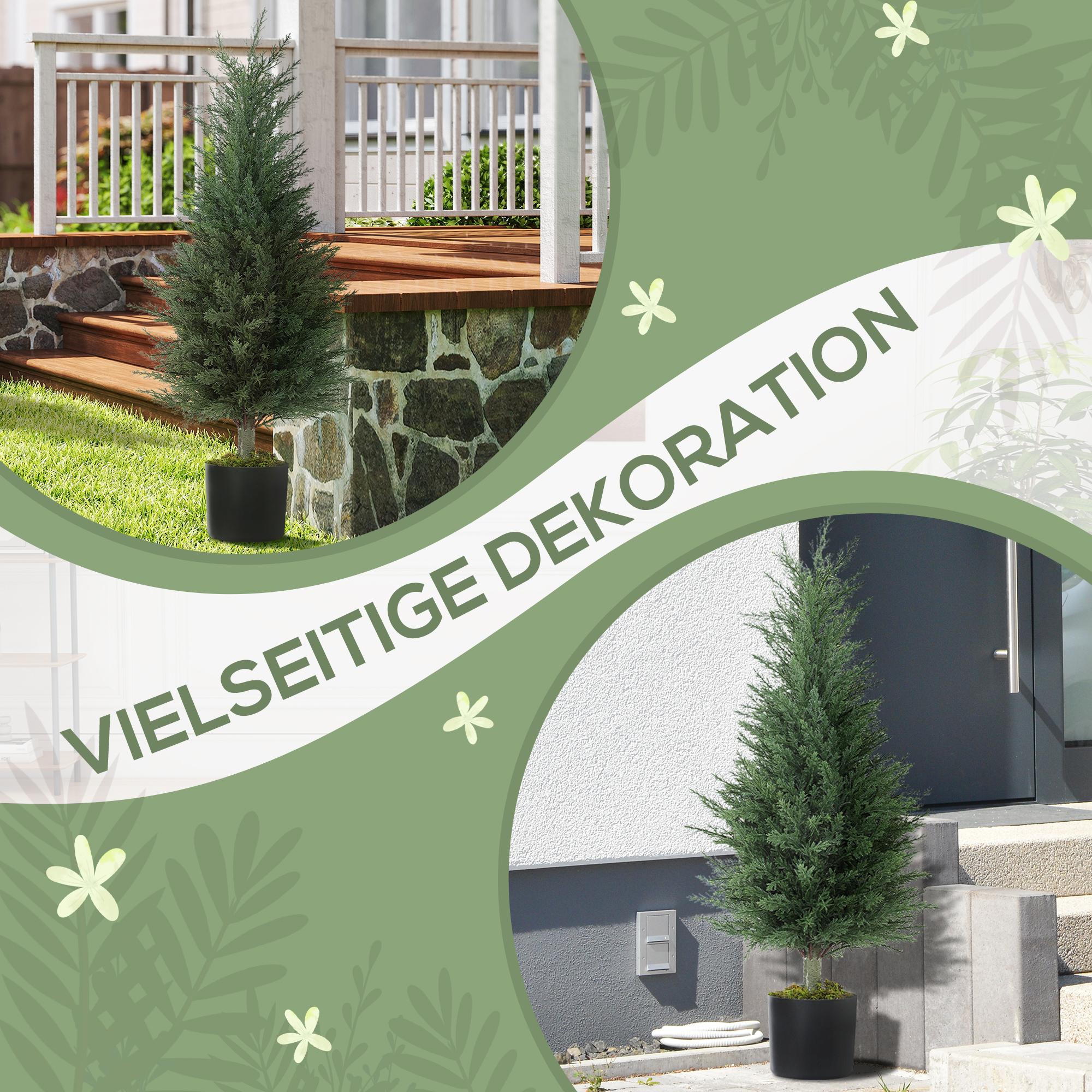 2er-Set Zypressen-Kunstpflanzen, 362 Kunststoff-Blätter, Topf, UV-beständig, Grün