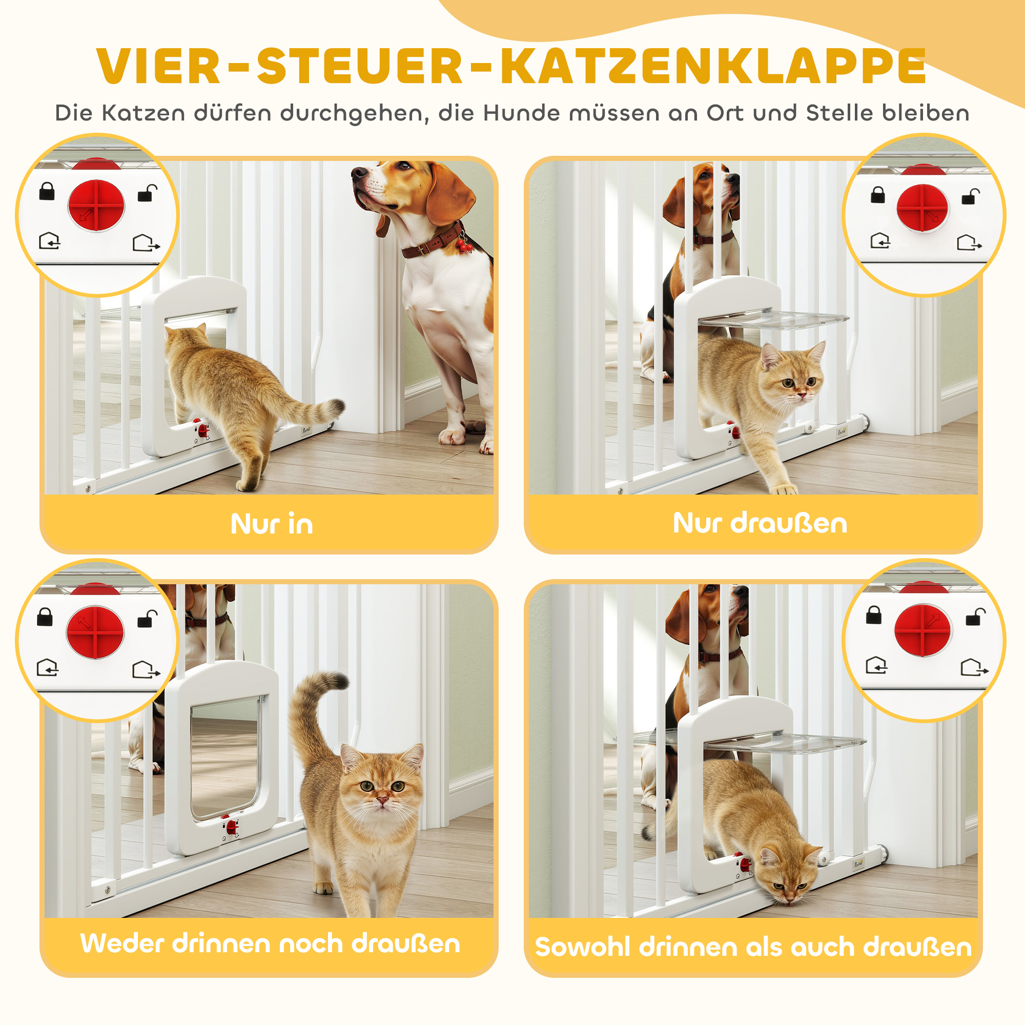 Treppenschutzgitter Türschutzgitter mit Katzenklappe ohne Bohren 75-85 cm aus Stahl für Hunde, Treppen, Tür, Weiß