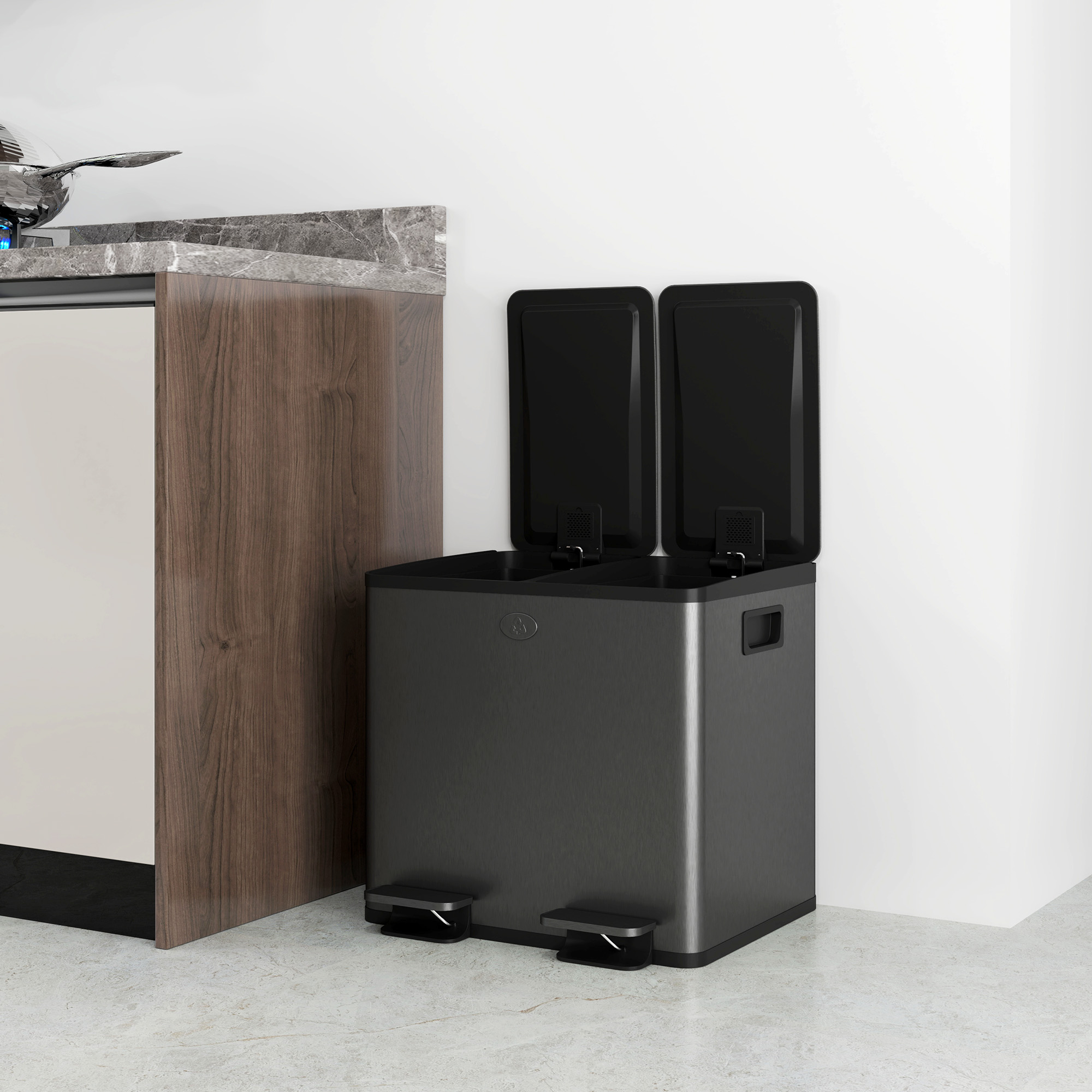 2 x 15l Doppelmülleimer, Pedalöffnung, leicht zu reinigen, Edelstahl, Kunststoff, Schwarz