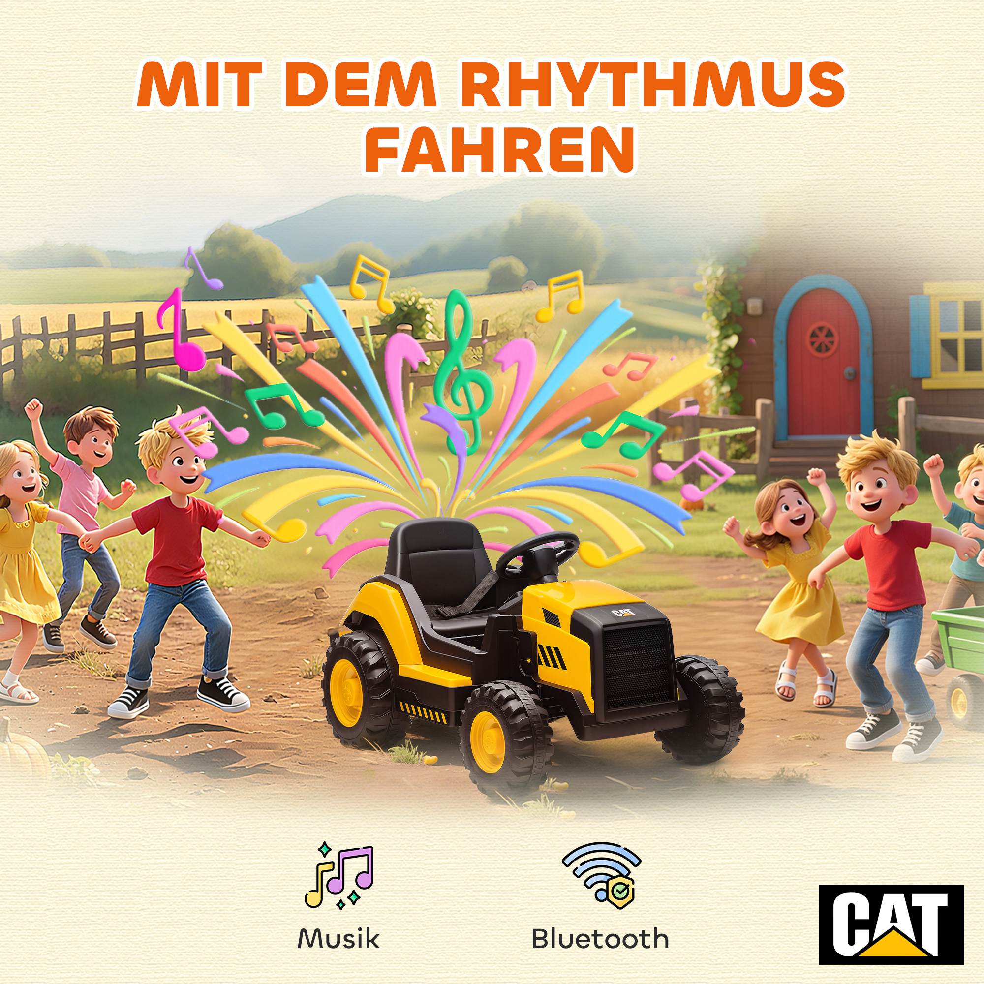 Kinder-Baufahrzeug, Aufsitzauto für Kinder, Fernbedienung, manuelle Steuerung, Bluetooth+Musik-Funktion, 3-6 Jahre, Kunststoff, Stahl, Gelb
