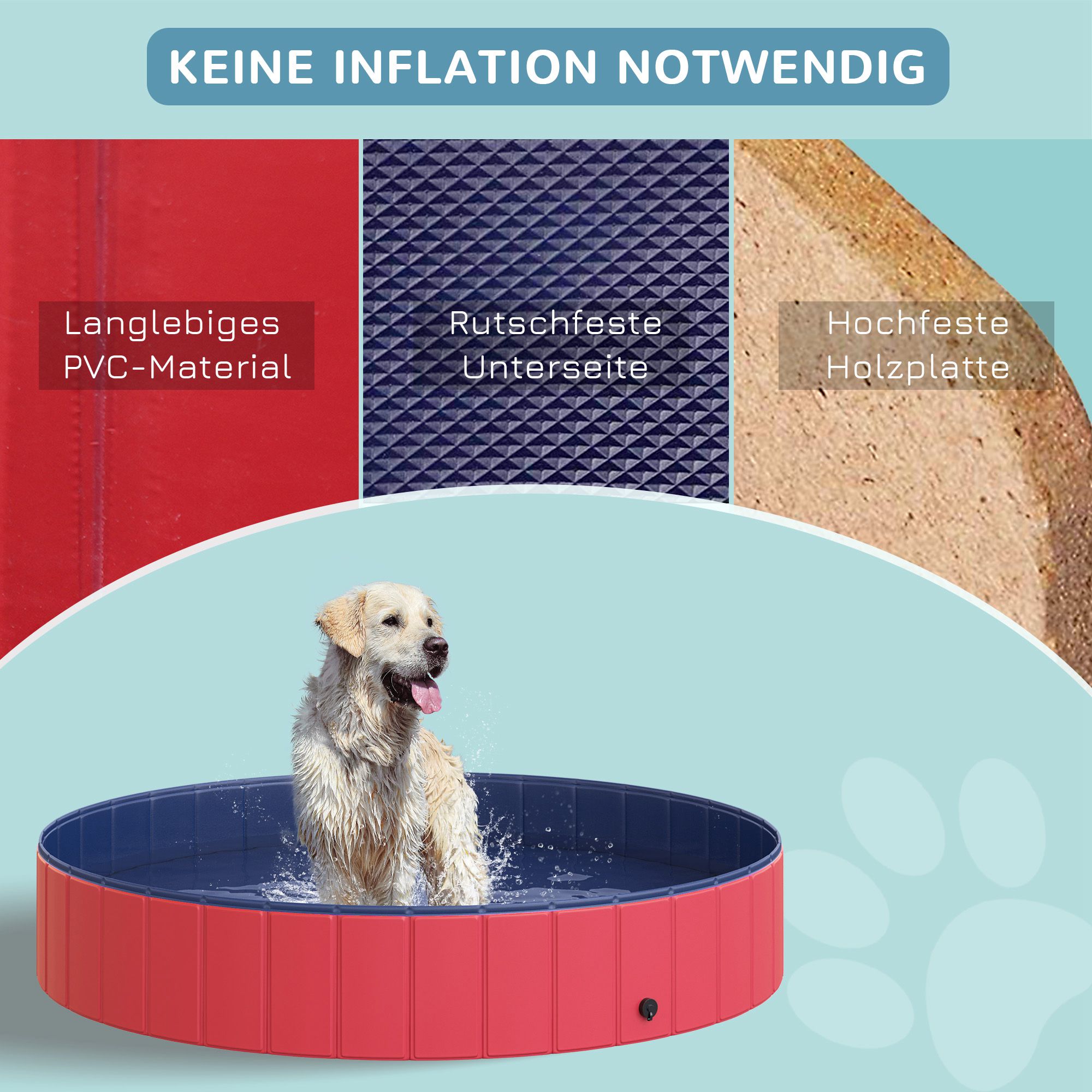Hundebadewanne faltbar Badewanne Hundepool Plantschbecken Swimmingpool Wasserbecken für Hunde und Katzen Schwimmbecken Kunststoff+Holz Rot Ø160 x 30H cm