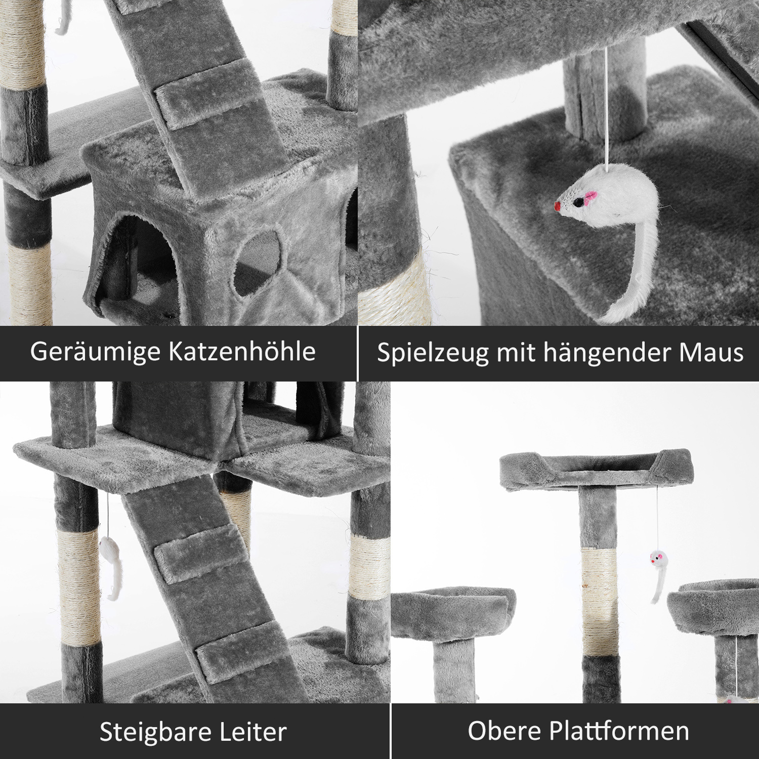 Kratzbaum mit Katzenhöhle Leiter  XXL Katzenbaum Kletterbaum Kletterbaum für Katzen Mehrstufiges Multiaktivitätszentrum Plüsch Grau 49 x 49 x 173 cm