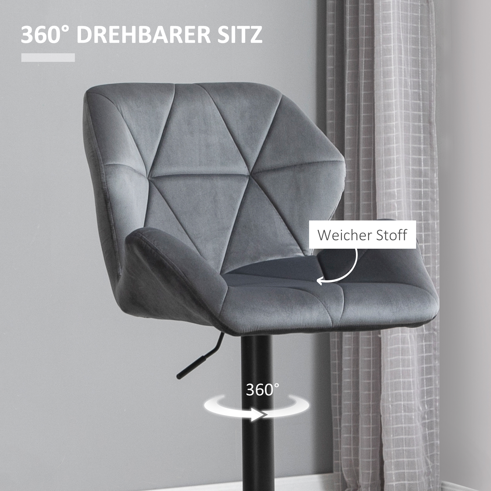 Barhocker 2er Set, Gepolstert Barstuhl mit Metallgestell, Lehne, Samtoptik, Höhenverstellbar 360° Drehbar