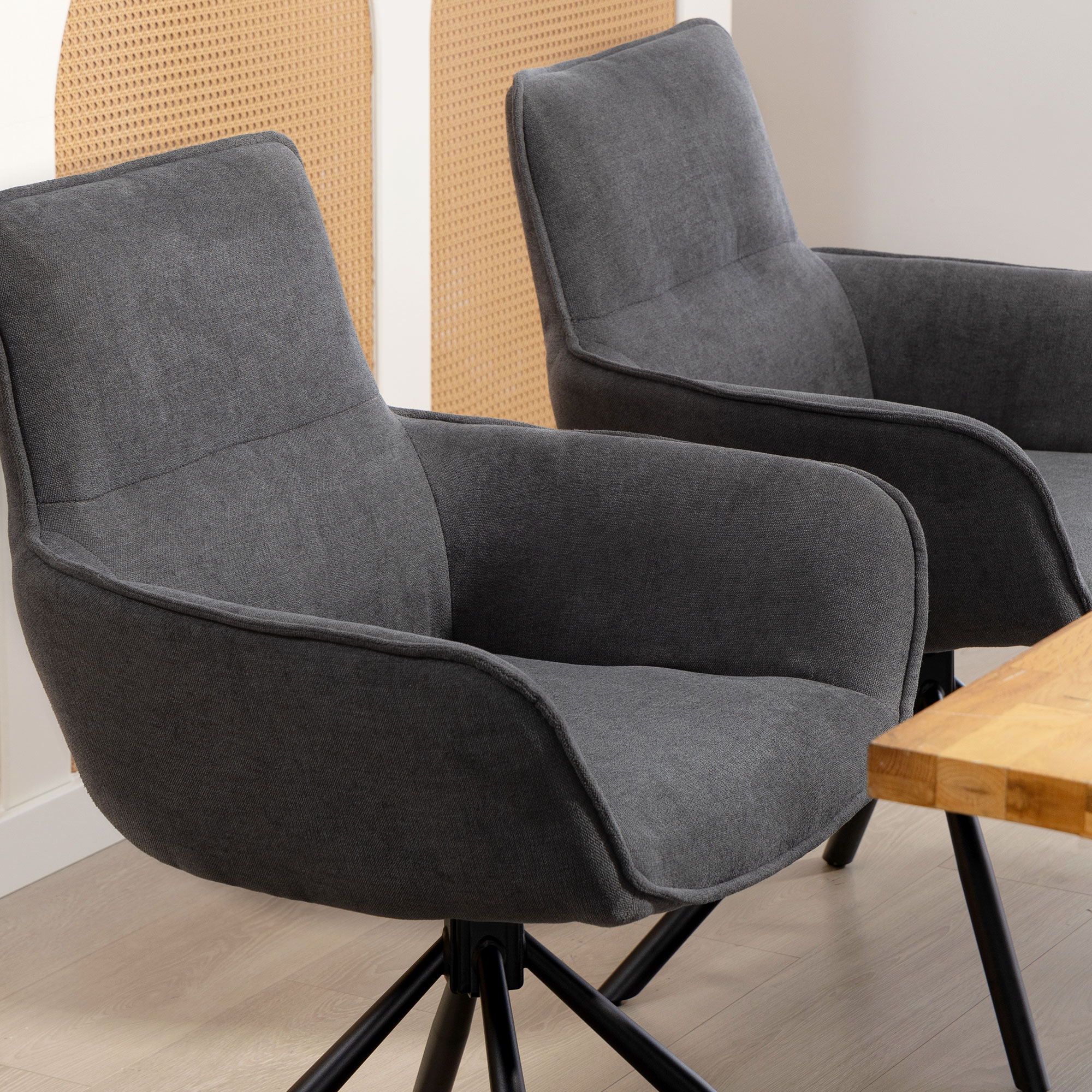 2er-Set Esszimmerstühle, drehbar, weich gepolstert, Armlehnen, Metallbeine, Dunkelgrau