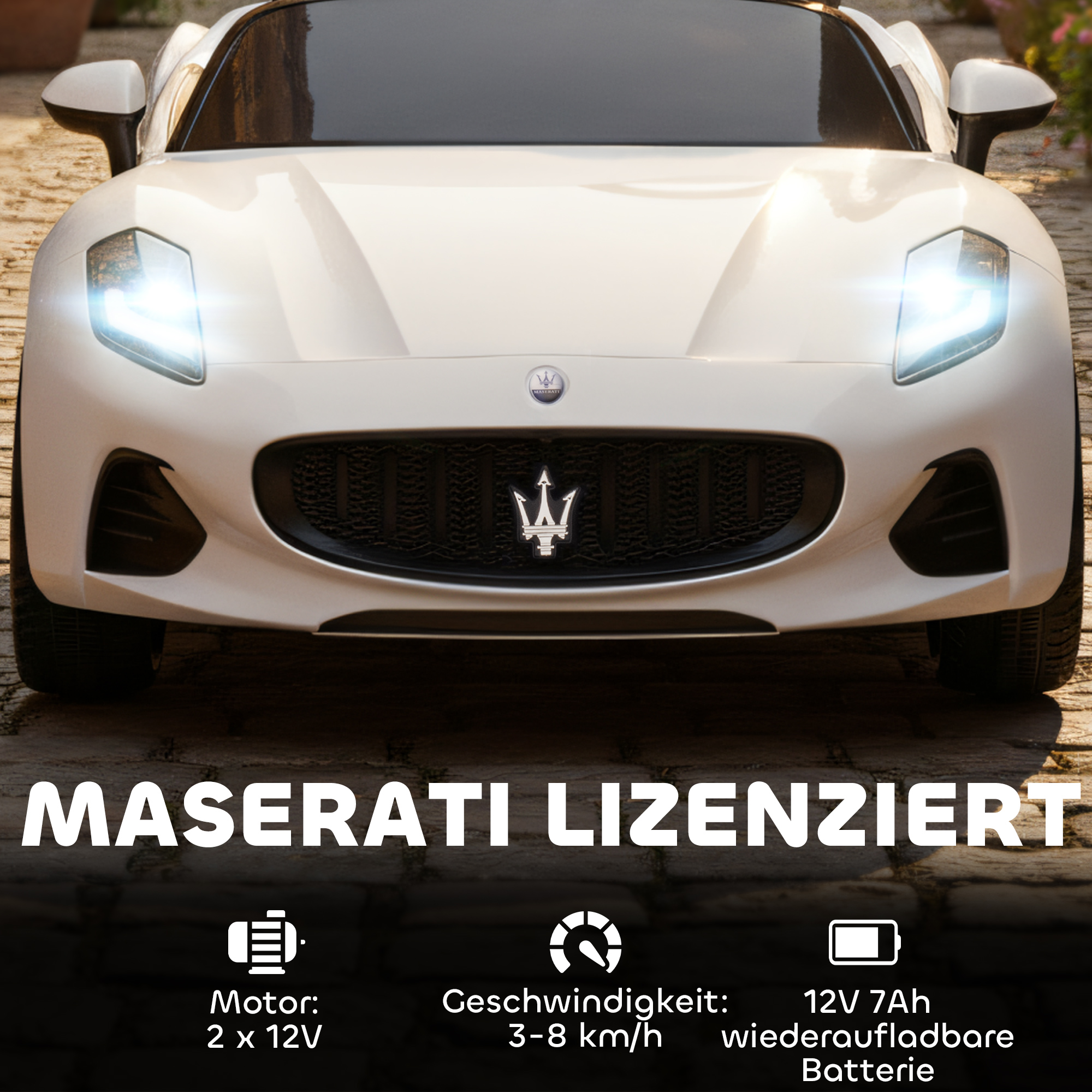 Maserati Elektroauto für Kinder, 2-Sitzer, 12V Batteriebetrieb, Fernbedienung, LED-Lichter, Musikfunktion, Weiß