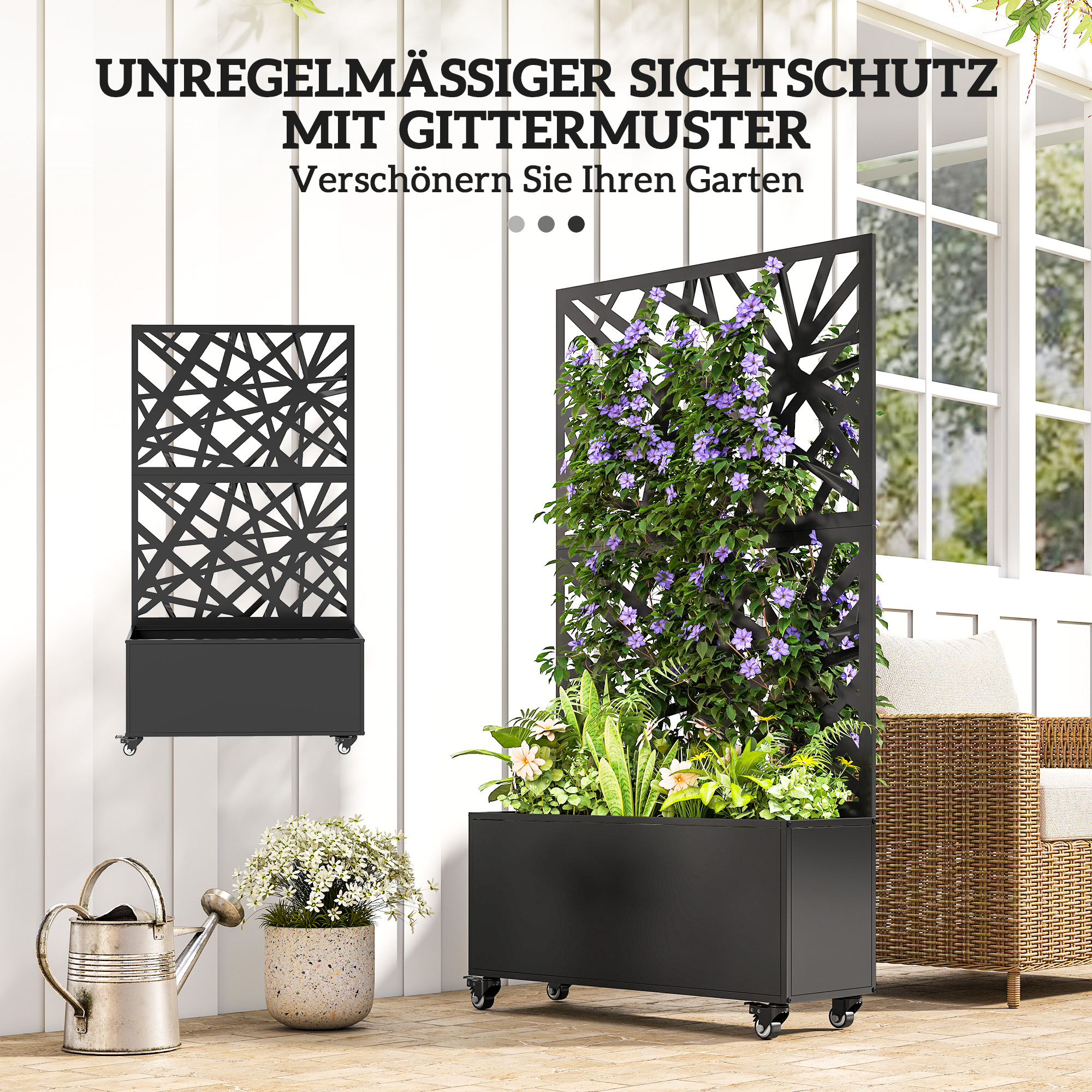 Blumenkasten mit Sichtschutz Pflanzkasten mit Rolle Rankgitter 90 x 30 x 160 cm Metall Schwarz