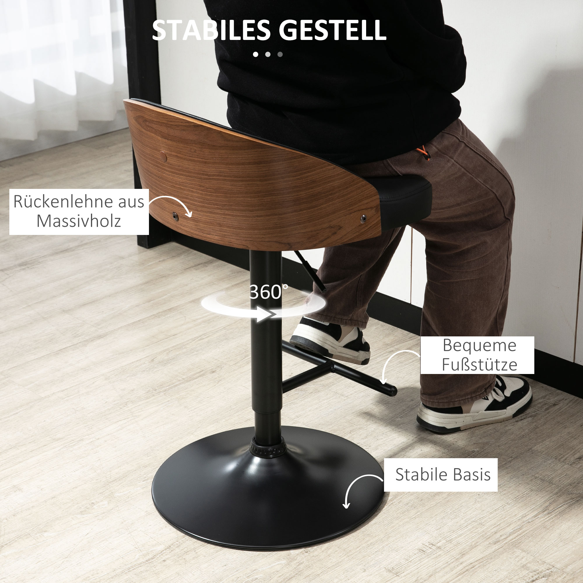 Barhocker 2er Set, Gepolstert Barstuhl aus Stahl und Massivholz, Höhenverstellbar Küchenstühle mit Fußstütze, 360° Drehbar, Tresenhocker für Küche, Wohnzimmer, Esszimmer, Schwarz+Kaffee