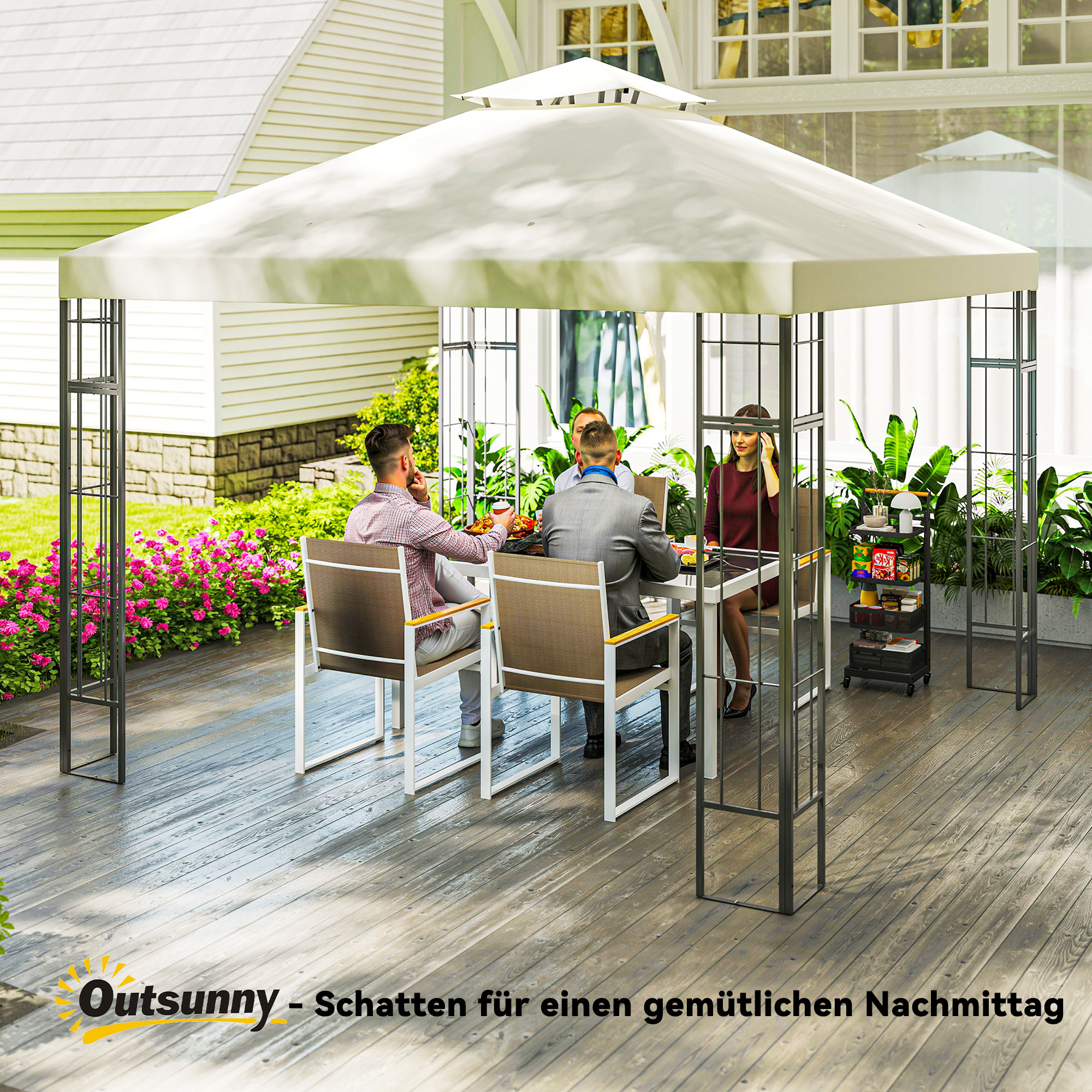 3 x 3 m Garten-Pavillon, 2-Stufen-Dach-Design, UV30+ Schutz, UV-beständig, Sonnenschutz, Metallrahmen, Cremeweiß