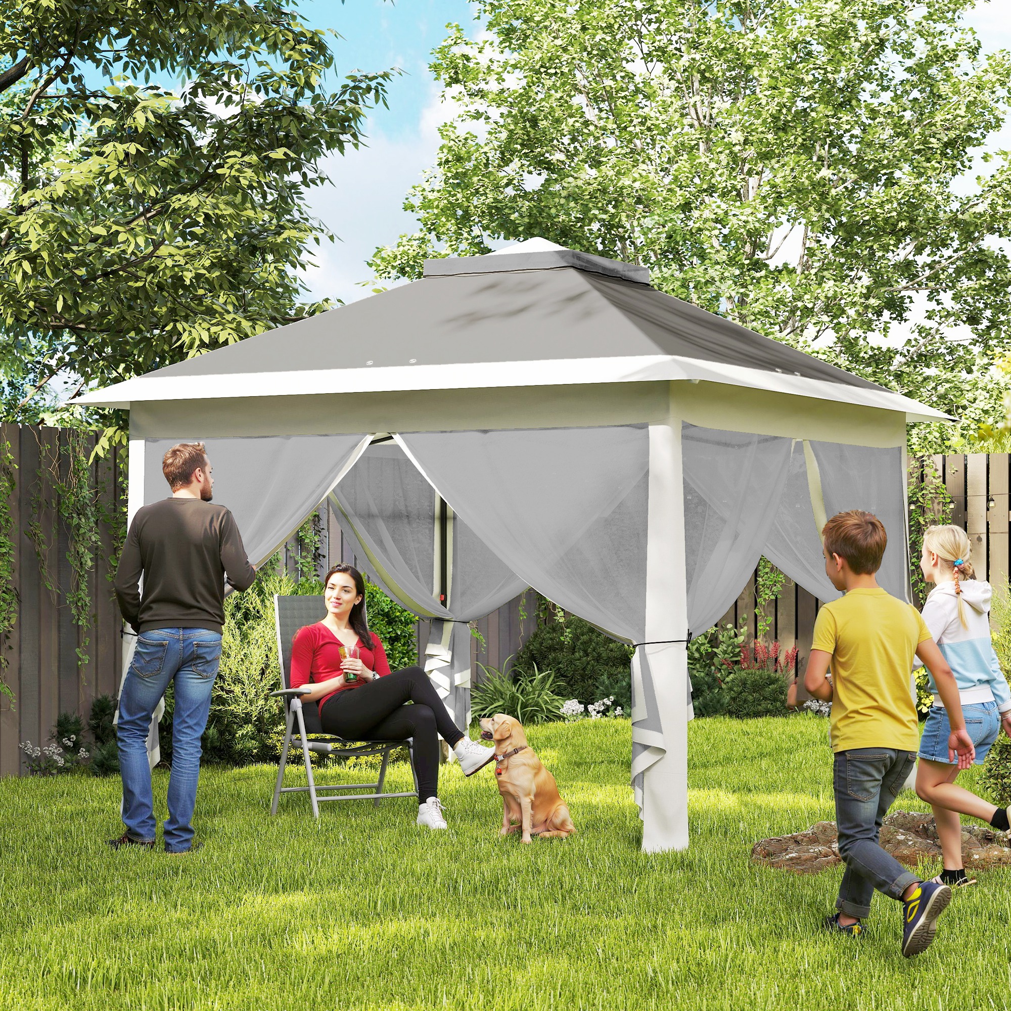 Faltpavillon, Gartenpavillon, Metall und Stoffplane, Netzvorhänge, Entwässerungslöcher, 330L x 330B x 288H cm, Grau