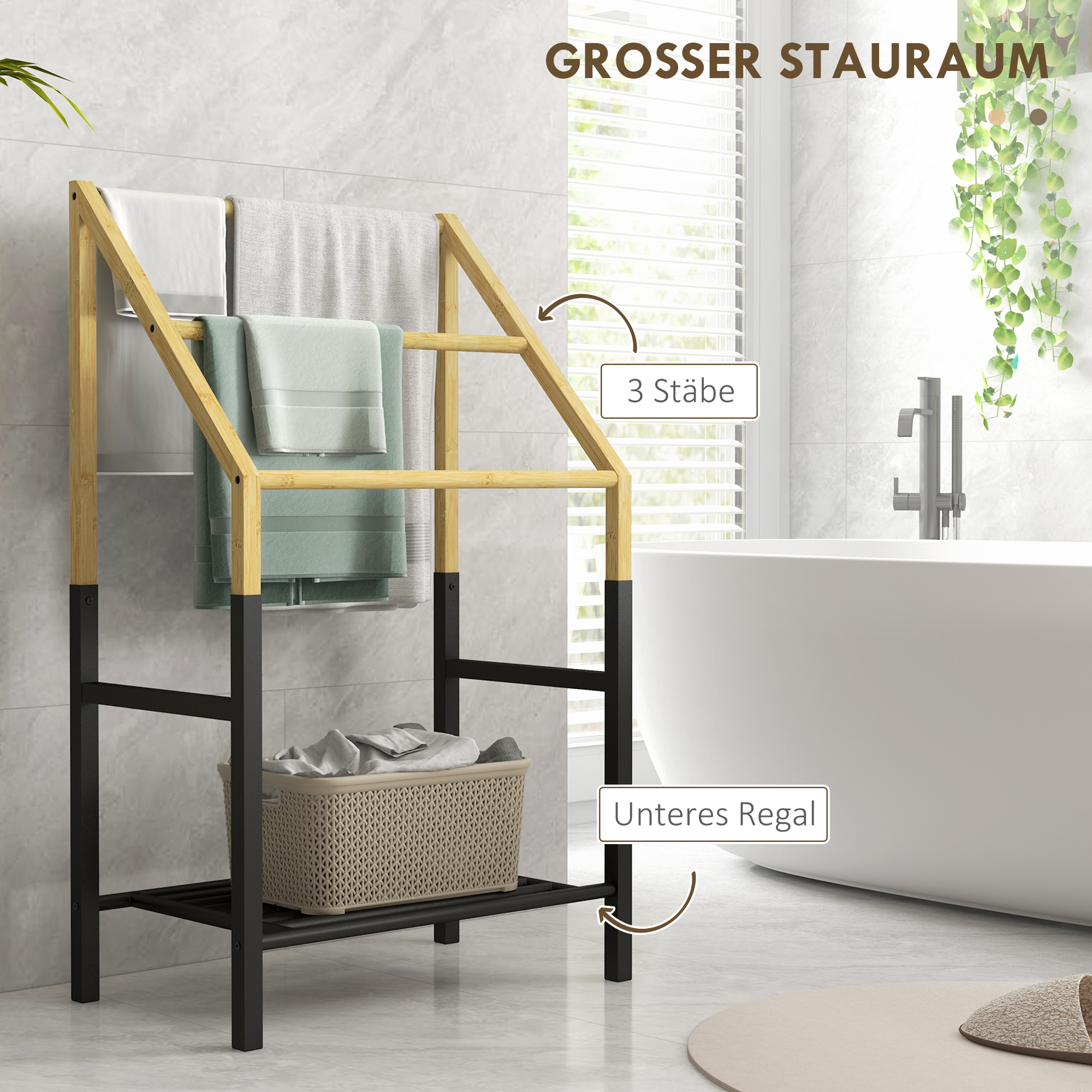 Handtuchhalter, freistehend, 3 Stangen, 51x31x85,5cm, Schwarz/Naturholz