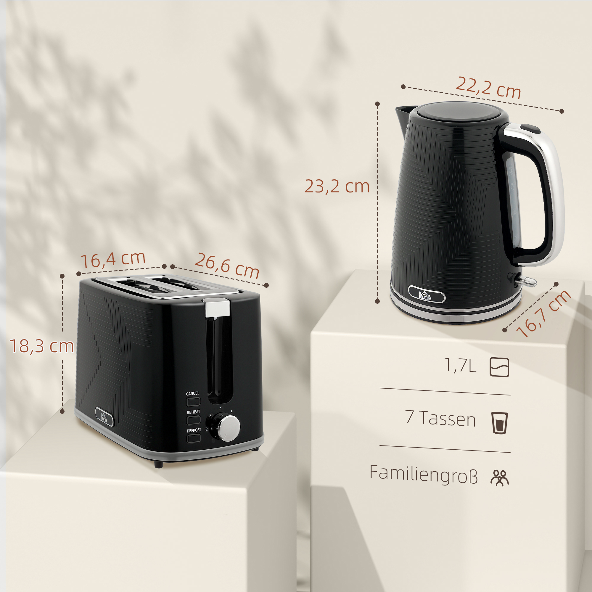 Wasserkocher- und Toaster-Set, 2200W, Otter-Thermostat, 2-Schlitz-Toaster, 7 Bräunungsstufen, Krümelfach, Schwarz