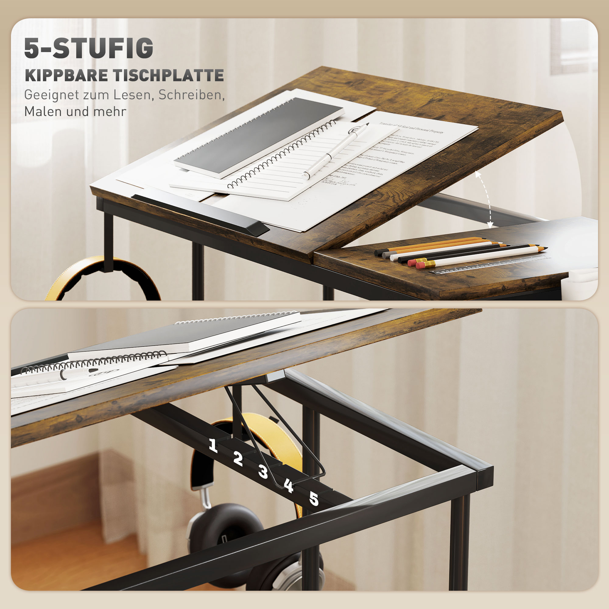 Höhenverstellbares Stehpult mit neigbarer Tischplatte, Rädern, Aufbewahrungsregal, zum Schreiben, Lesen, Zeichnen, Braun