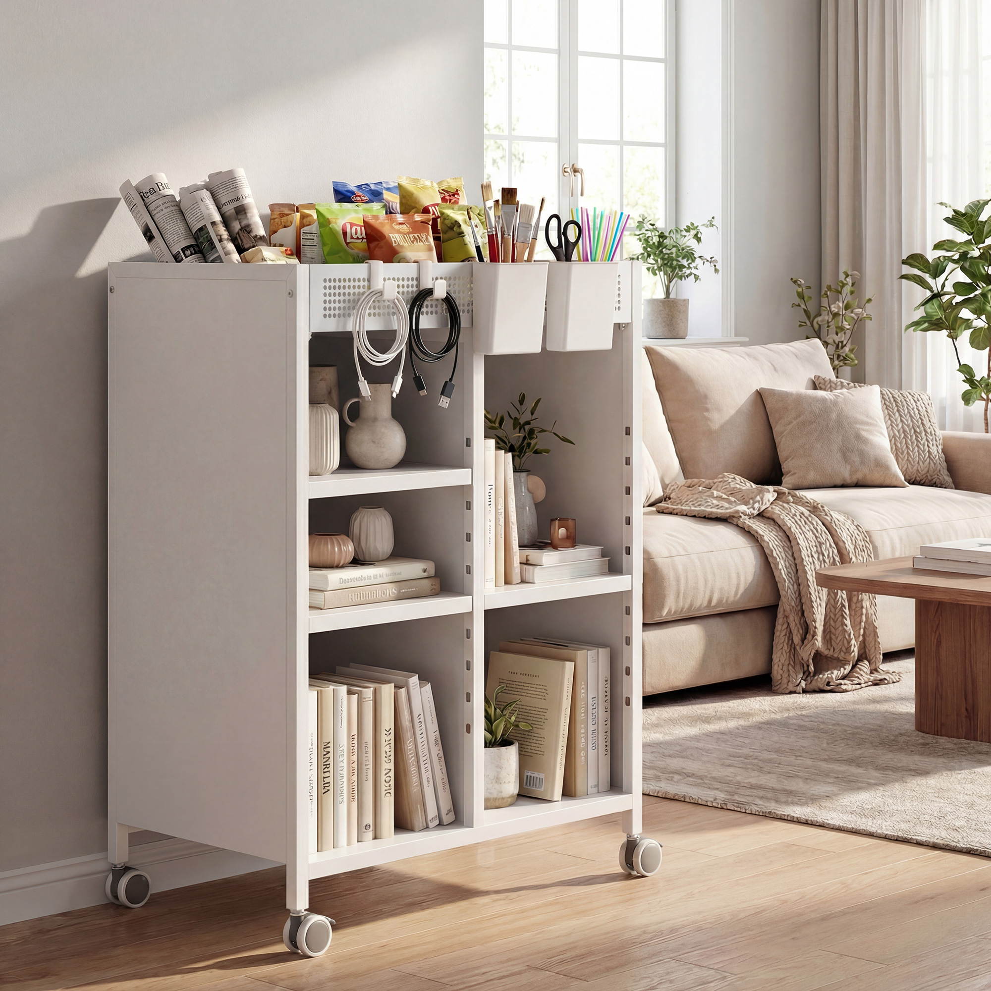 Bücherregal auf Rollen, 4-stufig, verstellbare Regalböden & Hängekörbe für Home Office und Wohnzimmer, Weiß