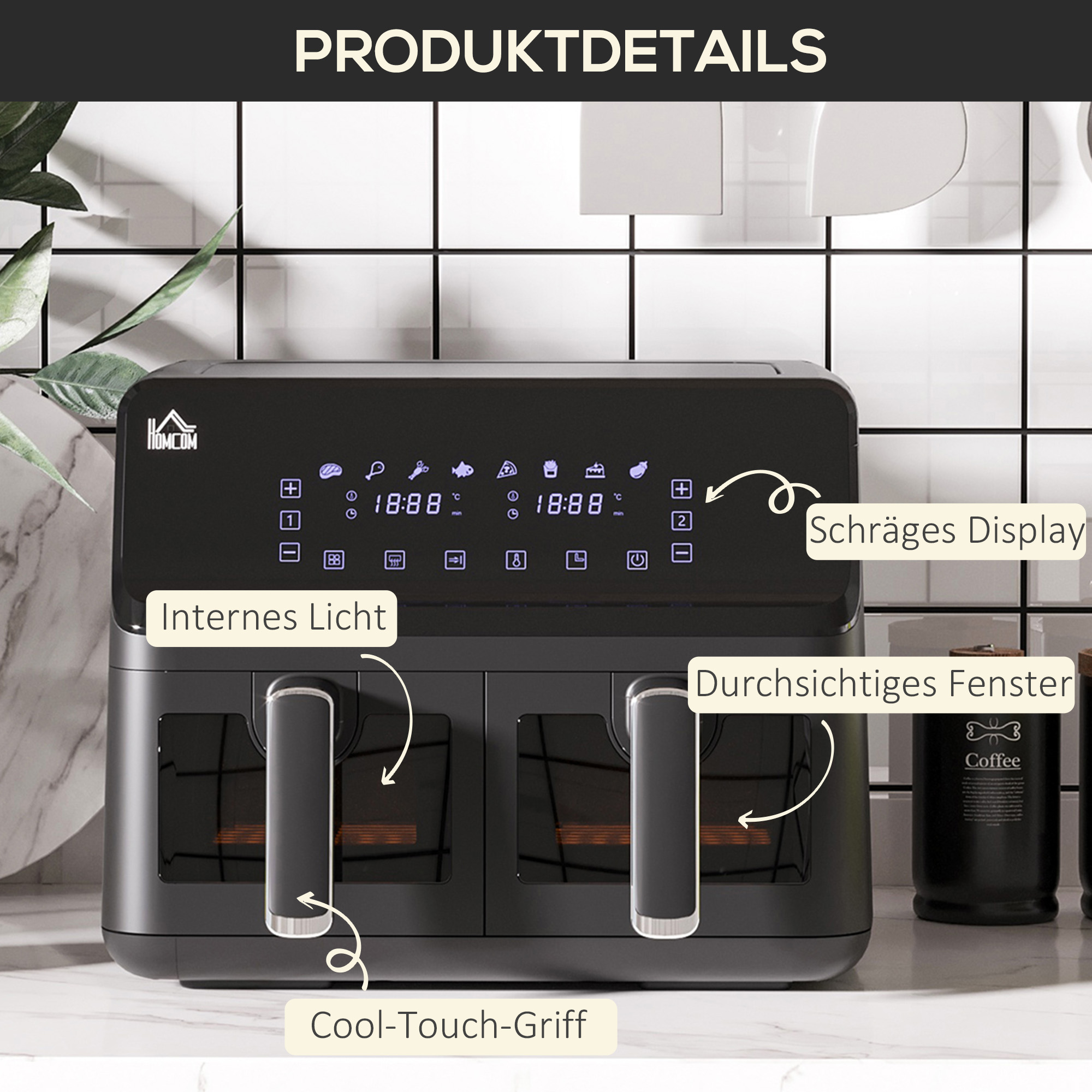 Heißluftfritteuse, 2 Frittierkörbe á 4 Liter, 8 Programme, Licht, Timer, 38,5 x 38 x 30,5 cm, Schwarz