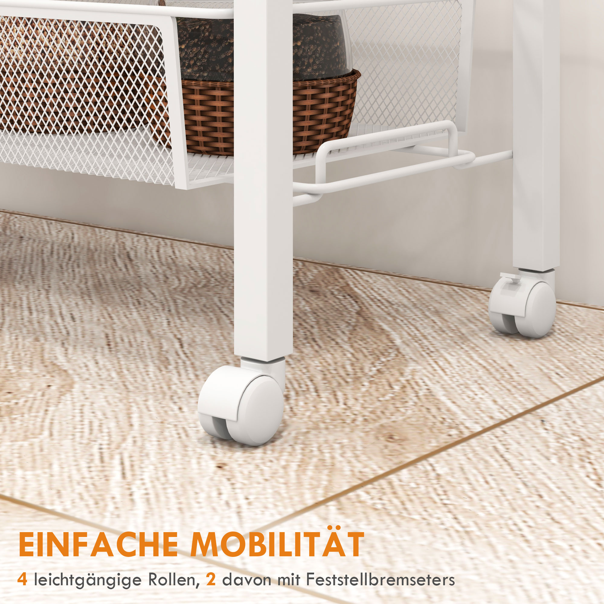 Nischenwagen Mehrzweckwagen Küchenwagen, 3 Regale, Haken, 58 cm x 18,5 cm x 87 cm, Weiß