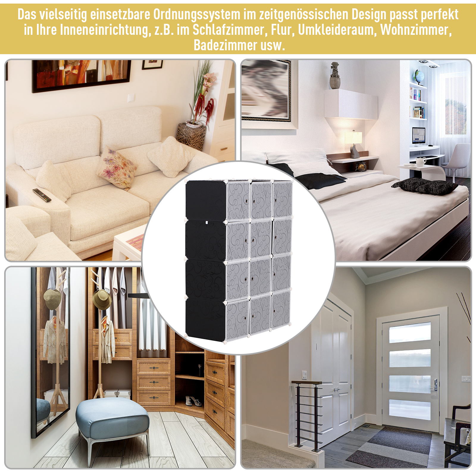 DIY Kleiderschrank Regalsystem mit 2 große und 9 kleinen Würfeln DIY-Würfelregal, Schuhregal, Aufbewahrungsregal für Büchern Spielzeug Schwarz 111 x 47 x 145 cm