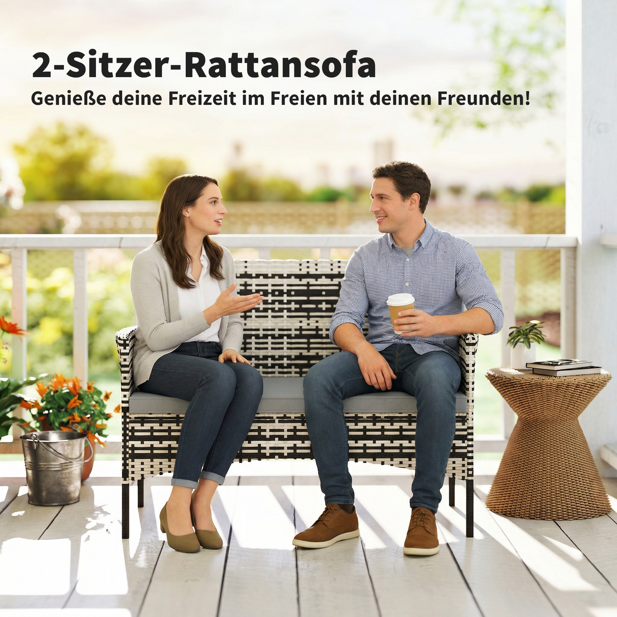2-Sitzer Rattan Gartensofa PE-Rattan Outdoor-Terrassen-Sofa mit Polster, Anti-Rutsch-Matten, Stahlrahmen, Hellgrau