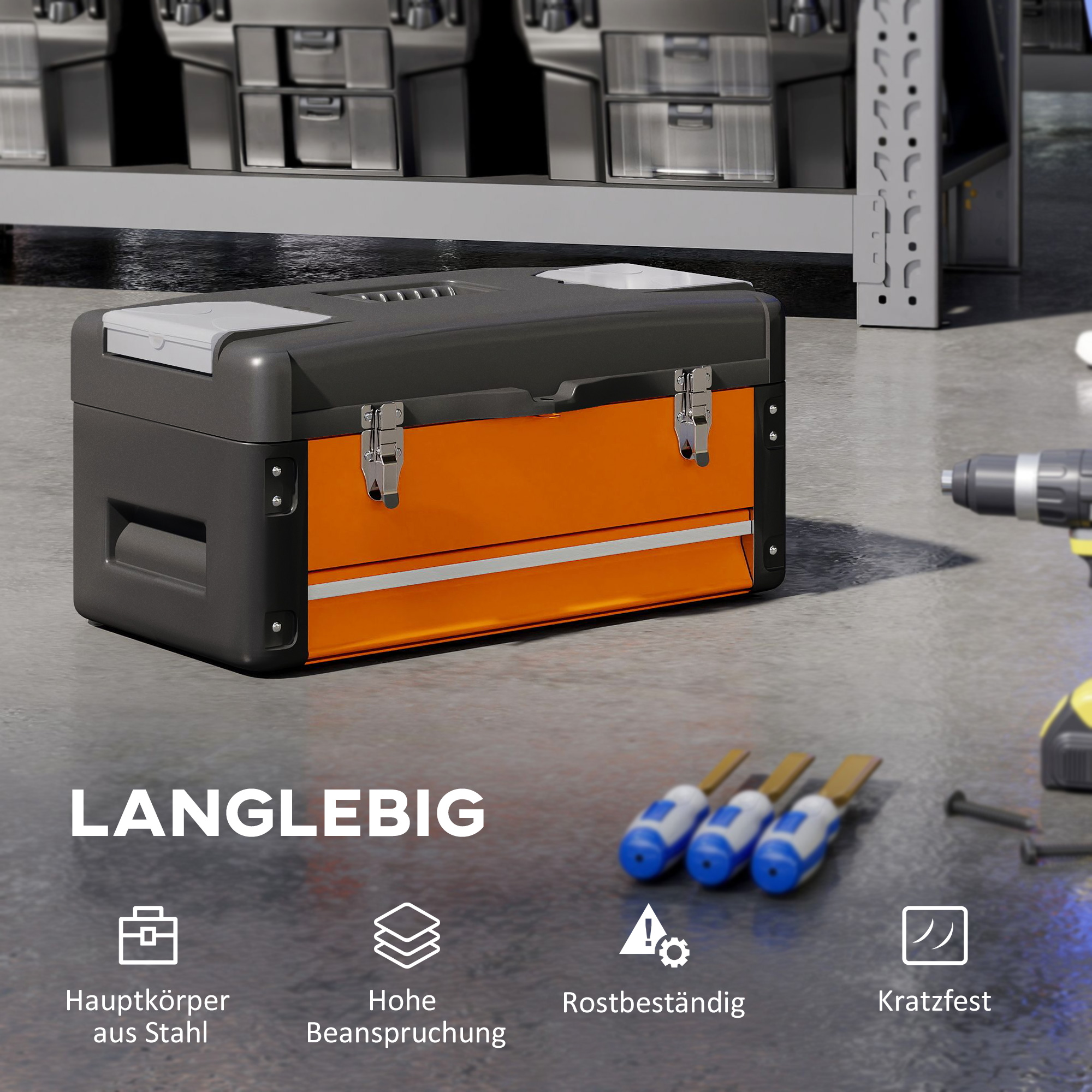 Werkzeugkiste leer, 49,7 x 25,3 x 23 cm Werkzeugkasten mit Schublade, Mini-Box Stahl Orange