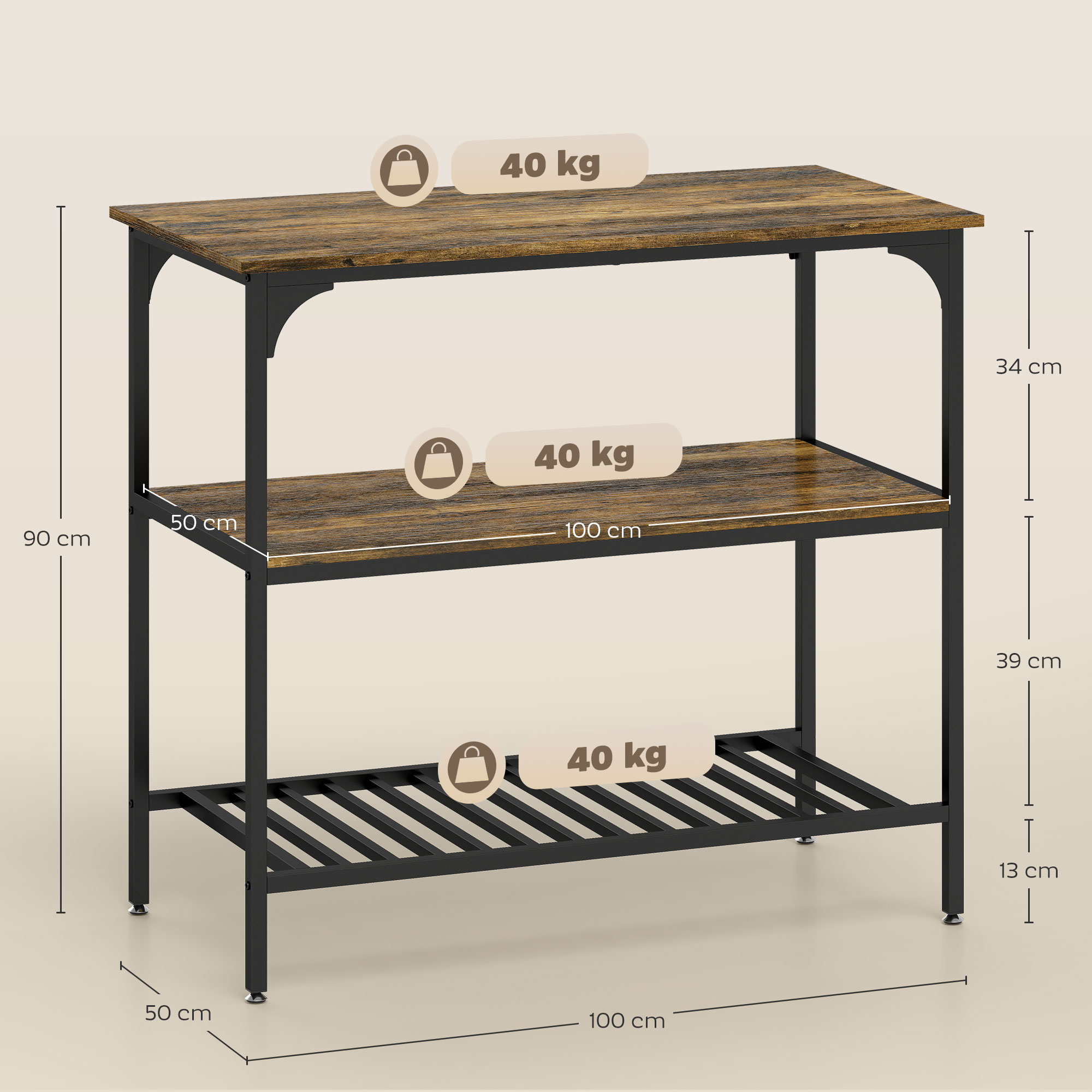 Bäckerregal, 3-stufiges Küchenregal mit Stahlrahmen, Rustikales Braun+Schwarz