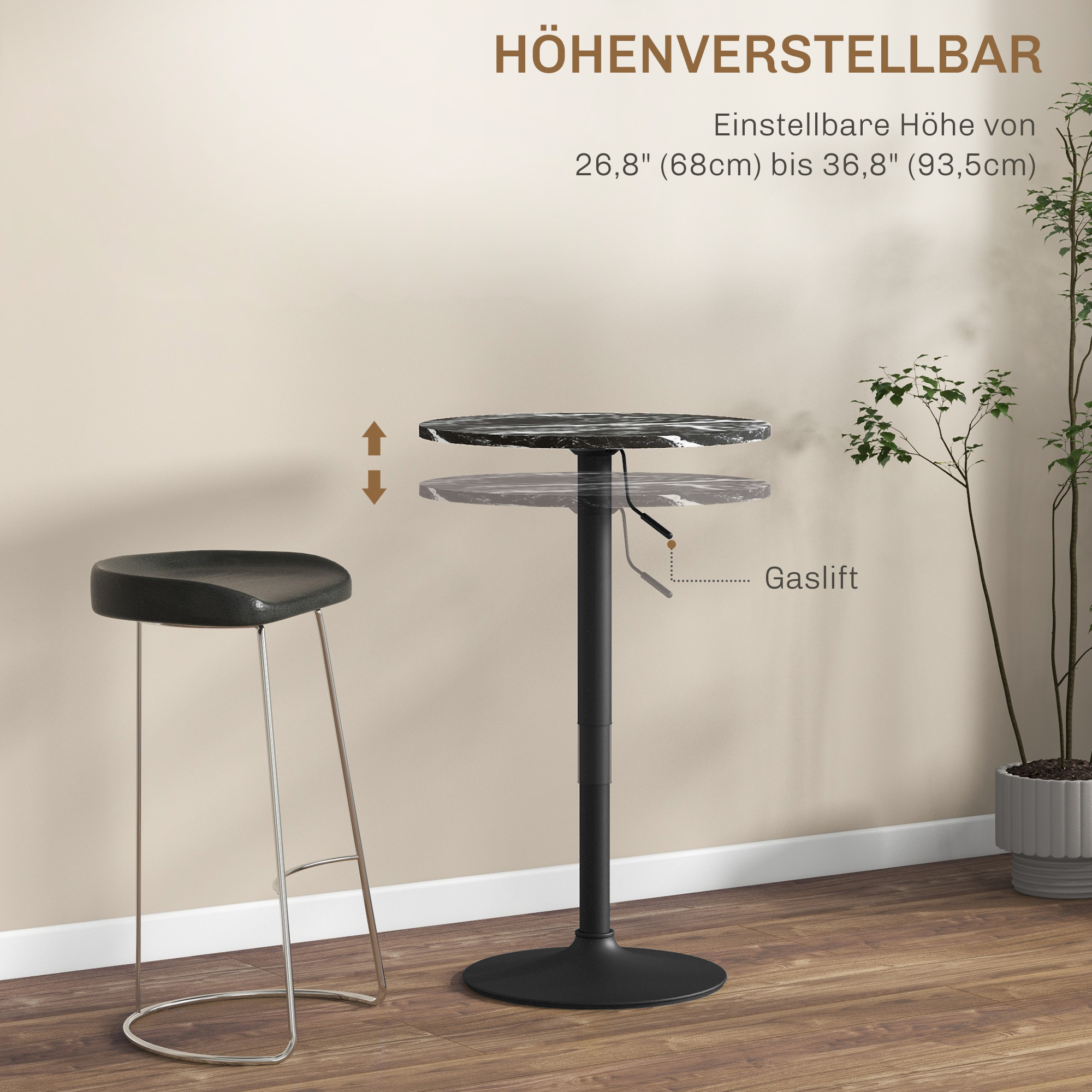 Bartisch für 2 Personen, höhenverstellbar, Marmoroptik, 60 x 60 x 68-93,5 cm, Schwarz