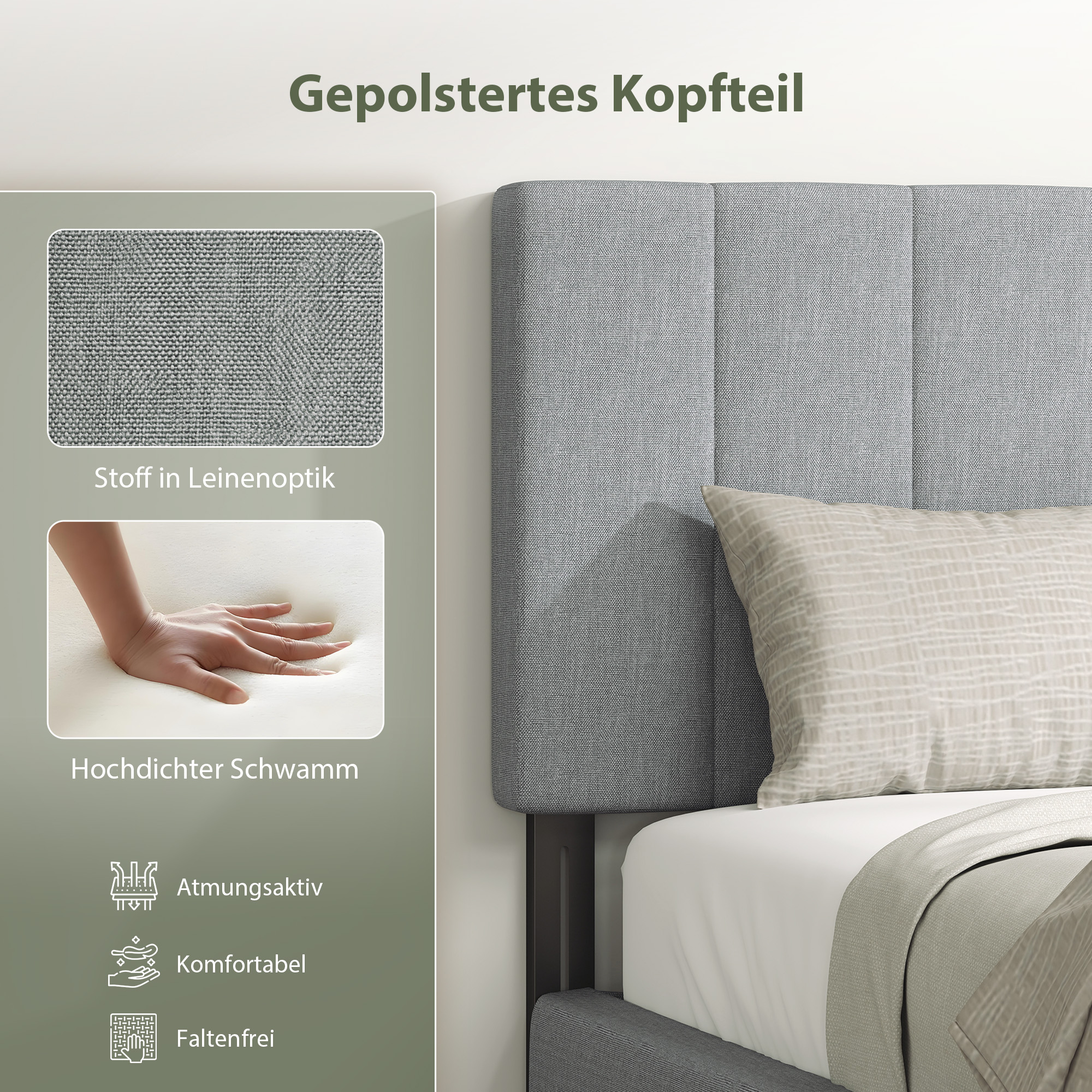 Kopfteil 3-fach höhenverstellbar Bettkopfteil mit Metallbeinen Leinenoptik für Schlafzimmer 160x10x106/116/126 cm Grau