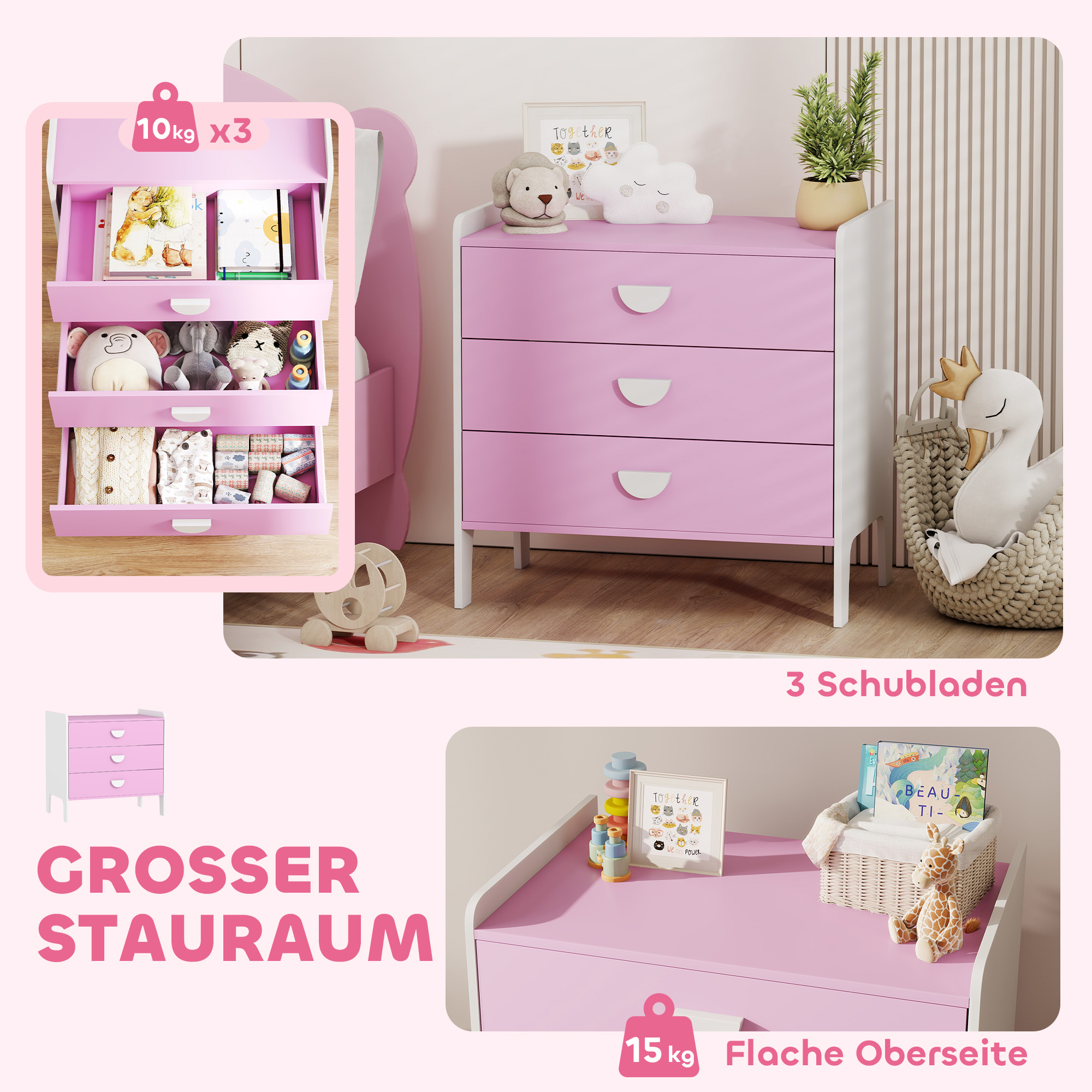 Kinder-Kommode mit 3 Schubladen, MDF, Aufbewahrungsschrank für Kinder, Rosa+Weiß