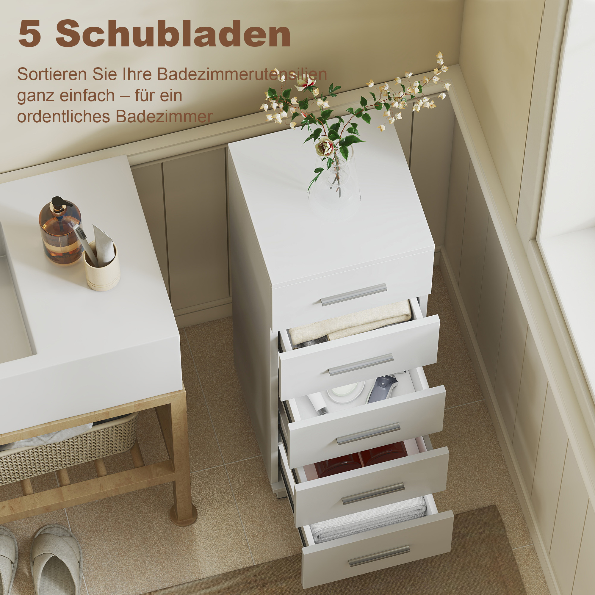 Badezimmerschrank Schmaler Badschrank mit 5 Schubladen für Badezimmer  30 x 30 x 95 cm Weiß