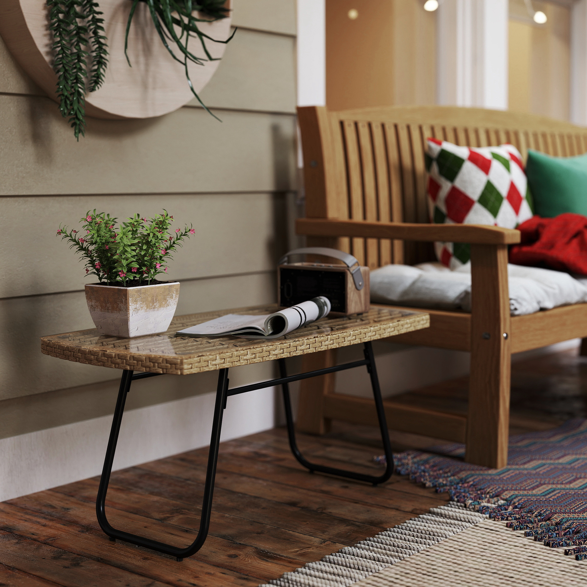 Polyrattan Gartentisch, 90 x 50 x 45 cm, UV-beständig Beistelltisch mit Glasplatte Naturholz