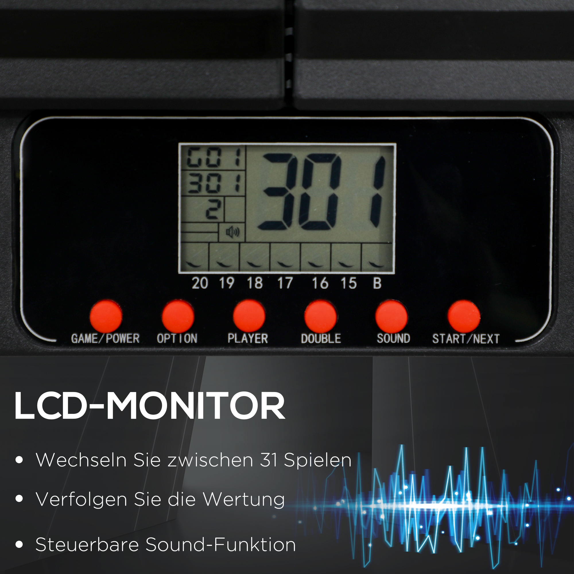 Dartscheibe, elektronisch, 31 Spiele und 285 Programme, für 8 Spieler, 2 Türen, 6 Pfeile, Sound, schwarz, 83 x 45 x 4 cm