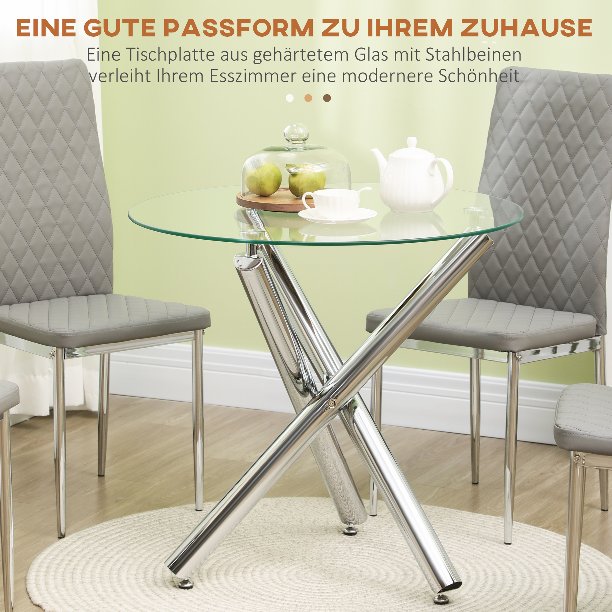 Esstisch, runde Hartglasplatte, randloses Design, für 2-4 Personen, Stahlbeine, 80 x 80 x 74 cm
