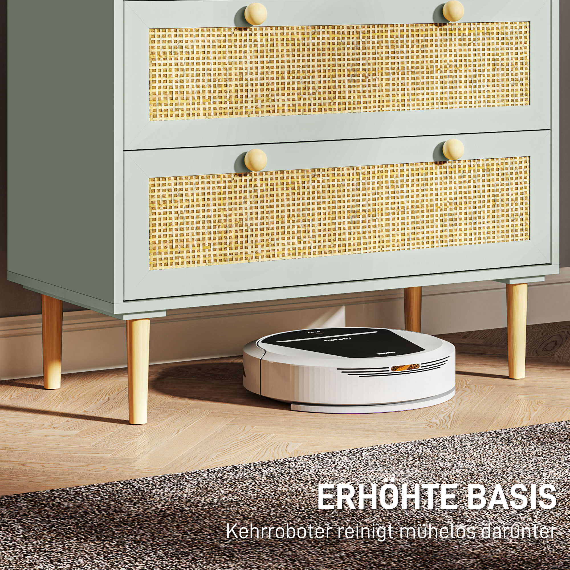 Schlafzimmer-Kommode mit 3 Schubladen, Rattan-Fronten, Kleiderkommode für Flur, Eingangsbereich, MDF, Grün