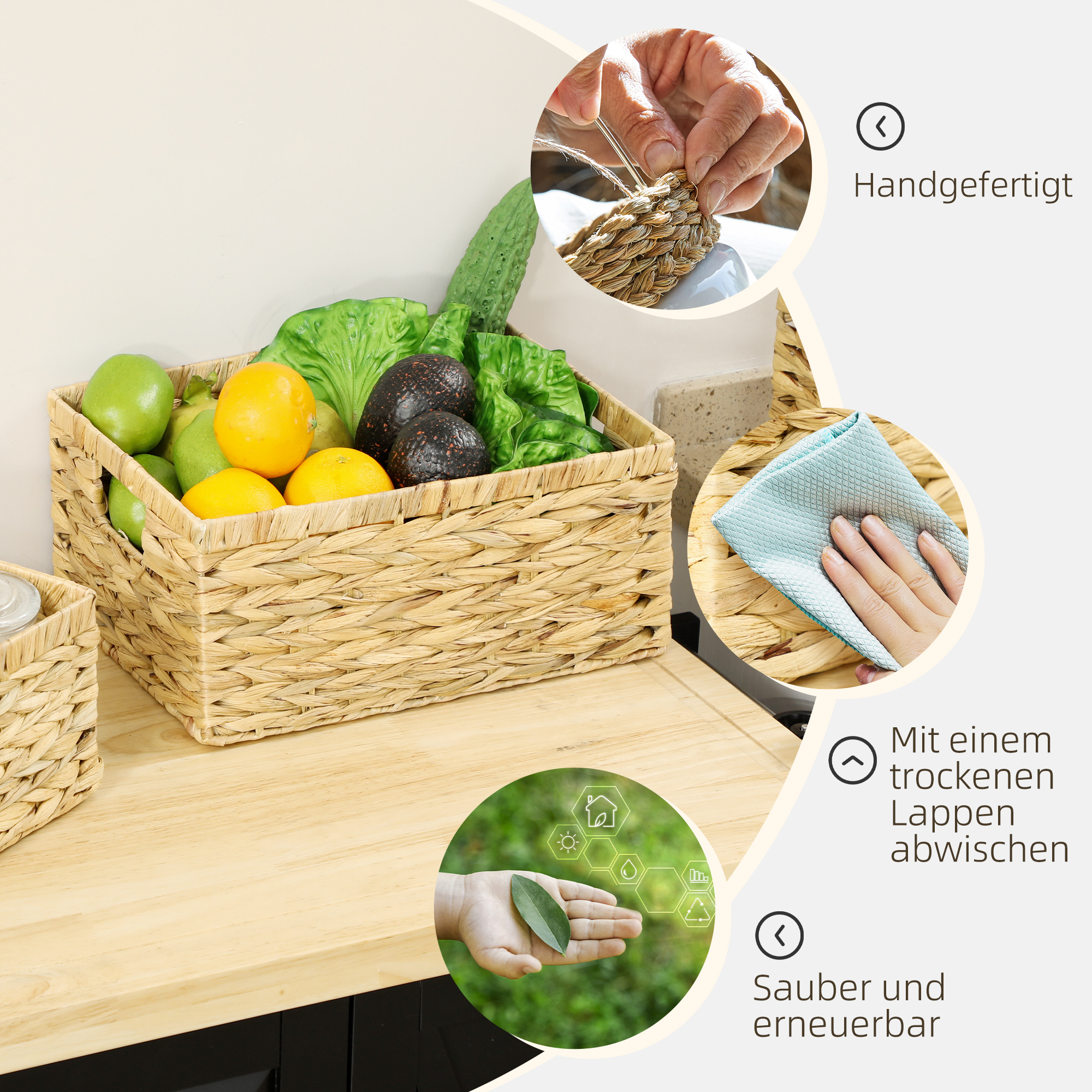 3er-Set Aufbewahrungskörbe mit Griffen und Metallgestell, für Regale, Schlafzimmer Wohnzimmer, Badezimmer, Naturton