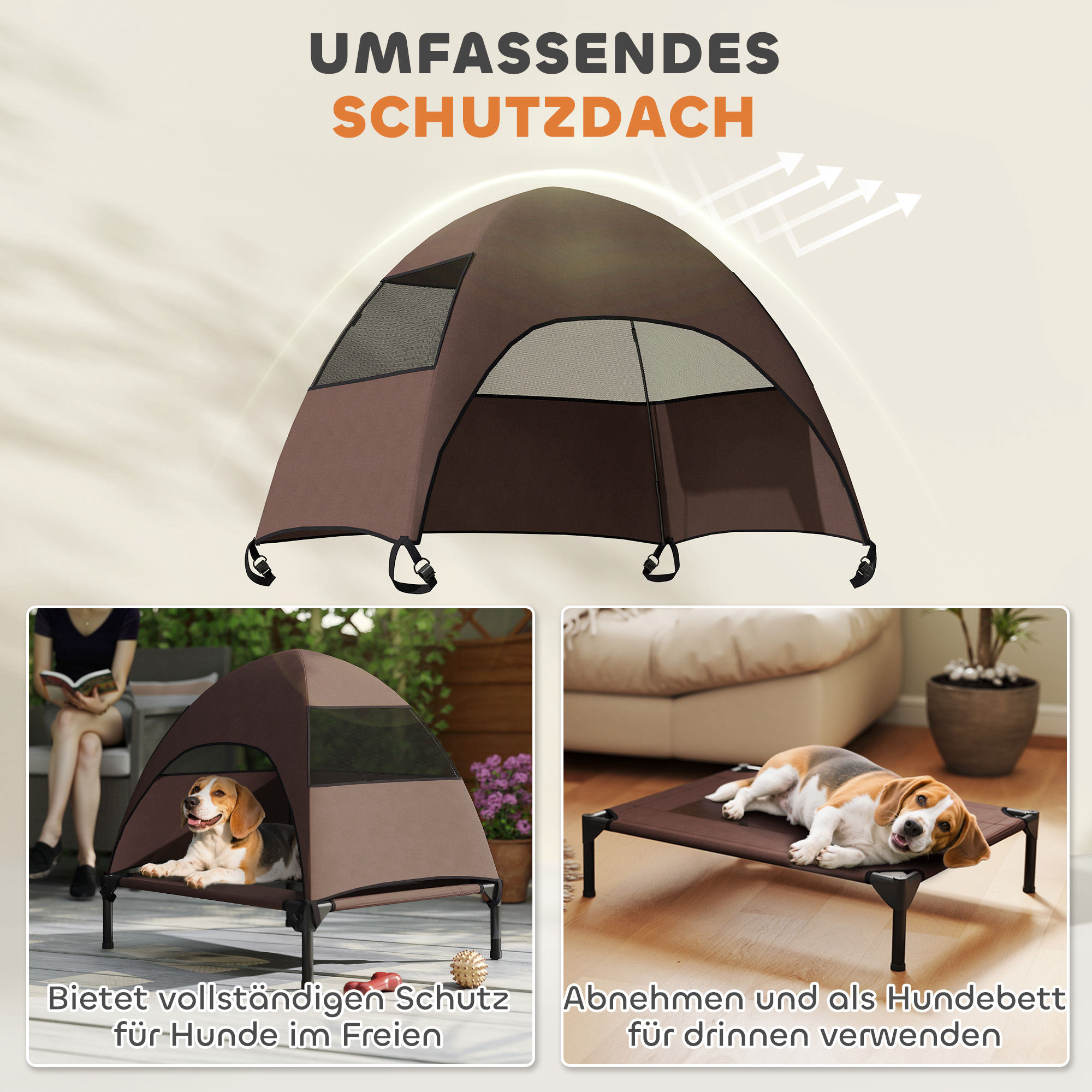 Hundeliege Outdoor mit Dach, erhöhtes Hundebett für Mittelgroße Hunde, 76 x 61 x 71cm, Kaffee