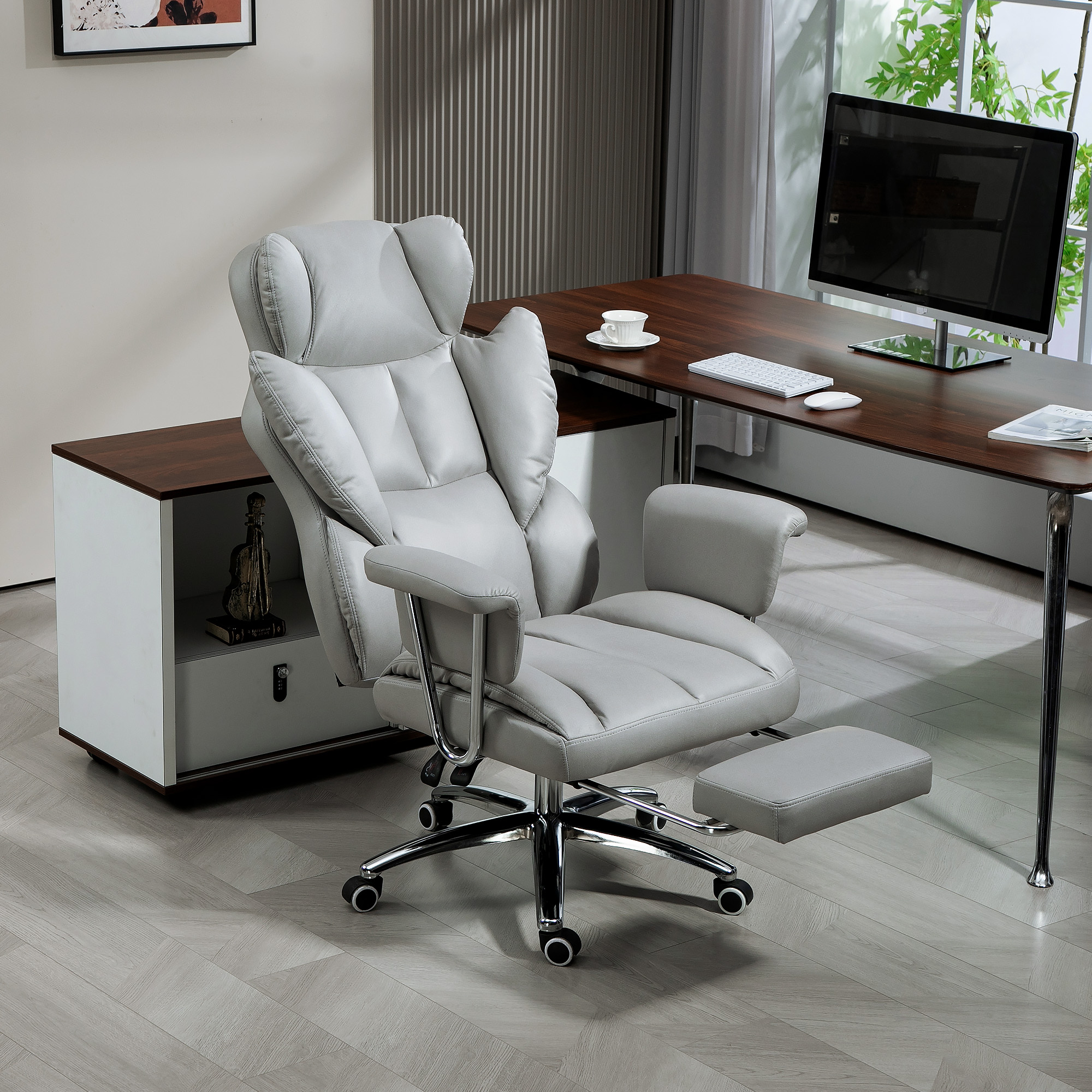 ergonomischer Bürostuhl, gepolstert, mit Fußstütze, verstellbarer Lehne, 360° drehbar, Hellgrau