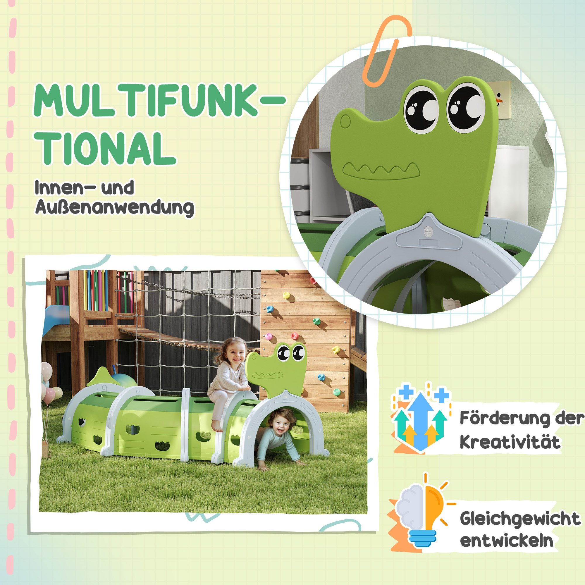 Krokodil Spieltunnel, flexible Form, robust, für Kinder 3-6 Jahre, 194 x 88 x 92 cm, Grün